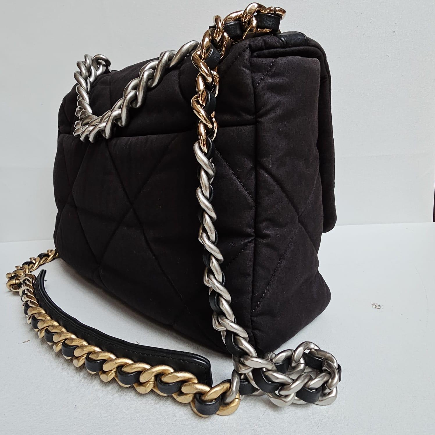 Chanel C19 Large Black Canvas Quilted Flap Bag For Sale 12