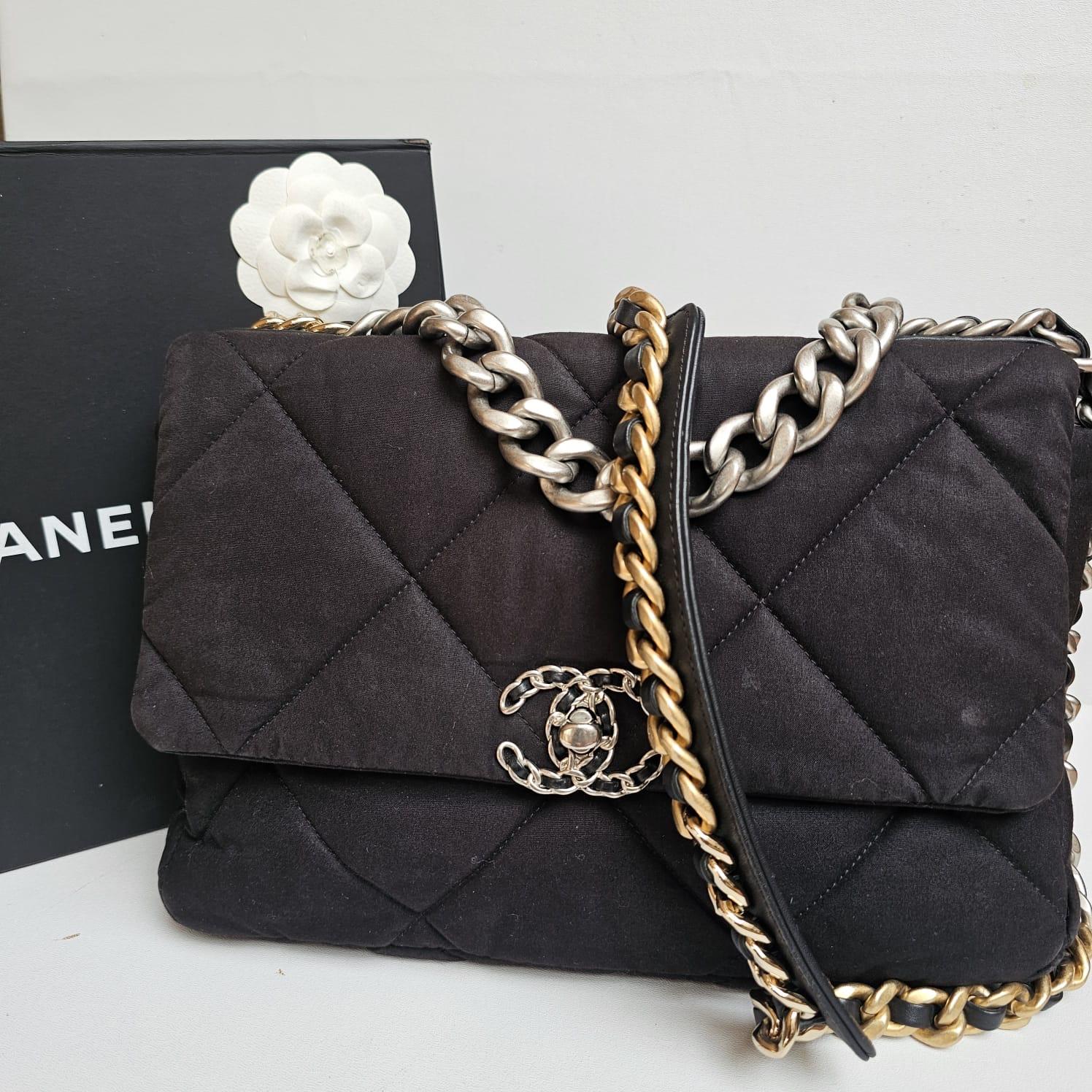 Chanel C19 Large Black Canvas Quilted Flap Bag For Sale 13