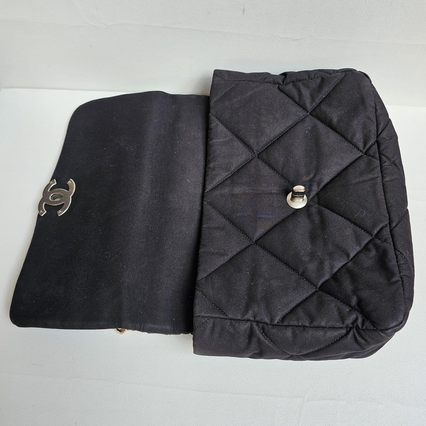 Chanel C19 Large Black Canvas Quilted Flap Bag For Sale 2
