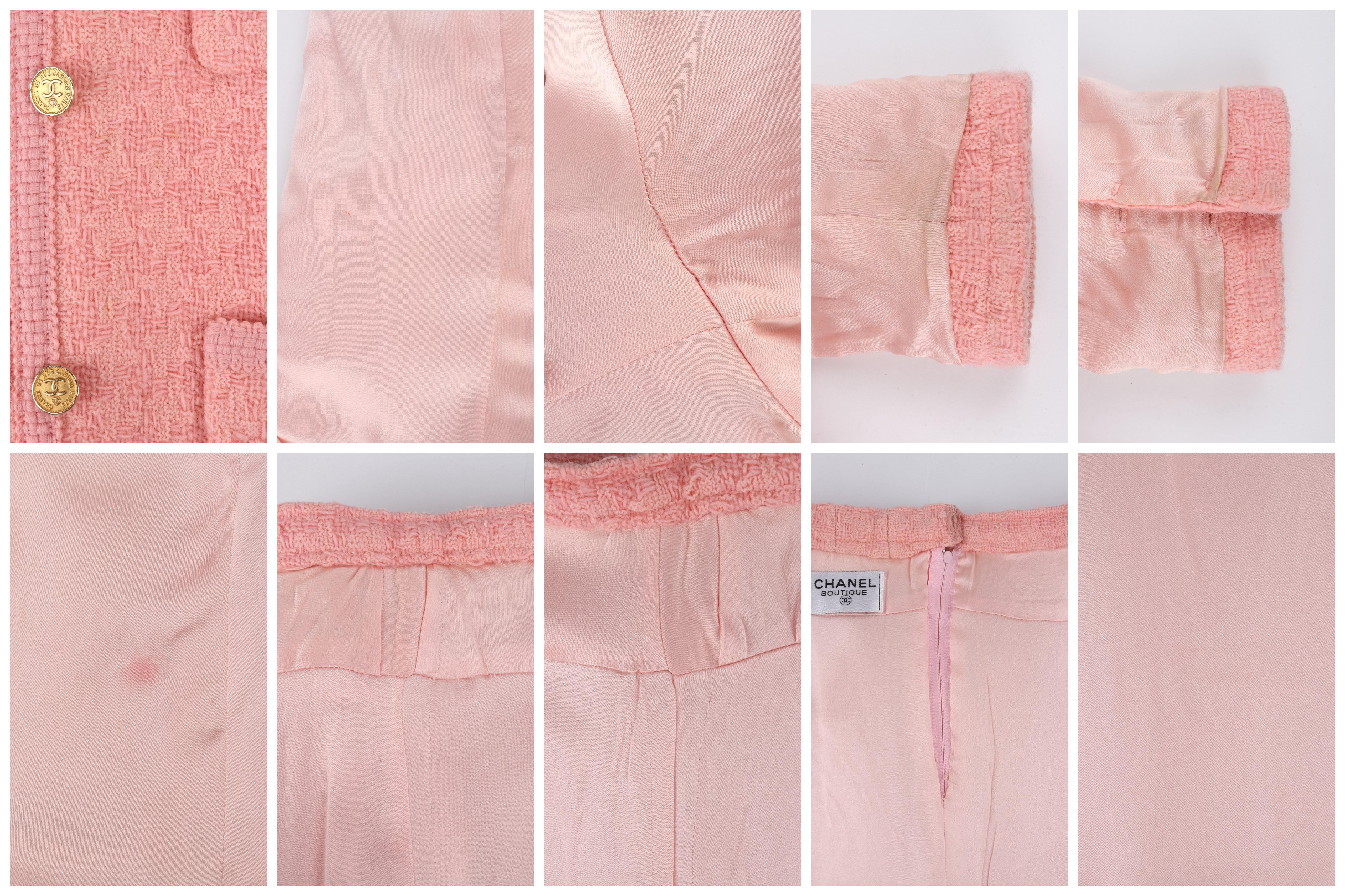 CHANEL c.1980''s 2pc Pink Gold Button-Up Tweed Woven Trim Trim Set Jacket Skirt Suit Set en vente 9