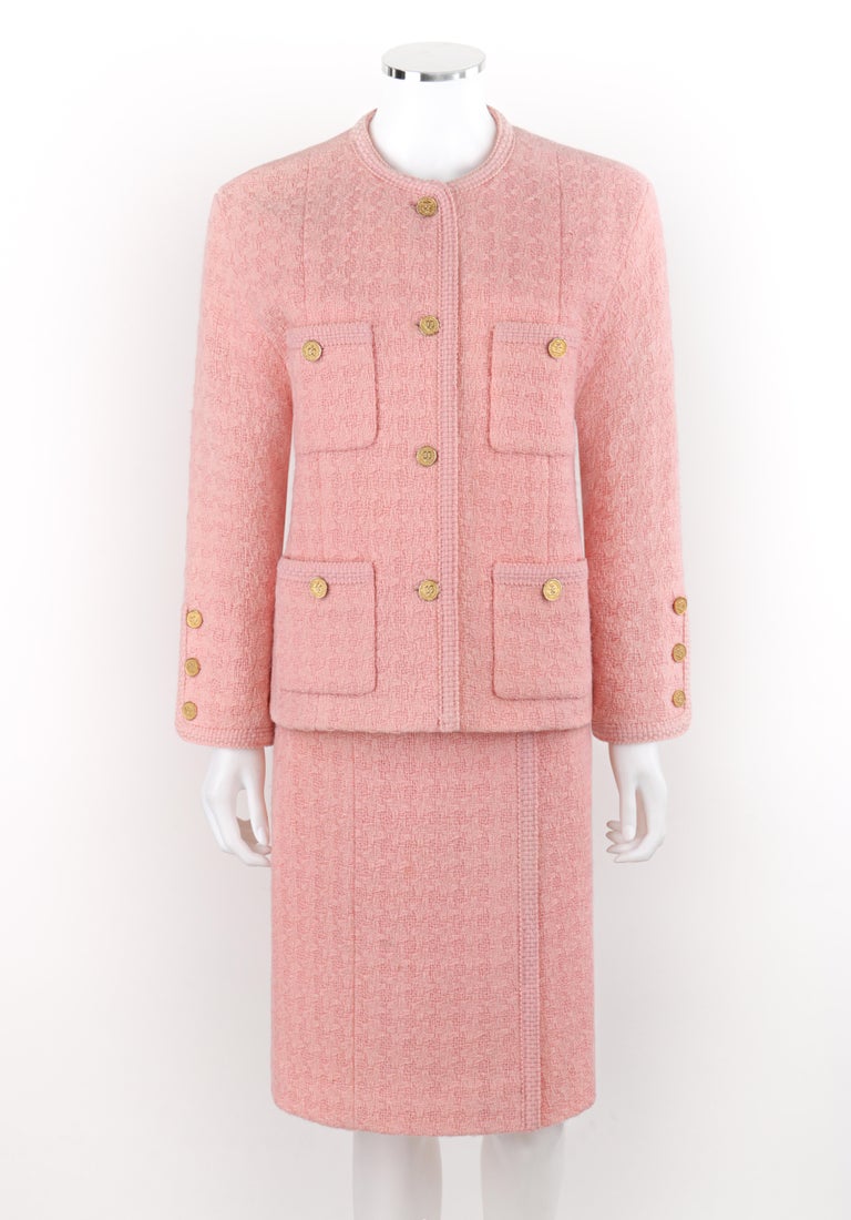 CHANEL c.1980's 2pc Pink Gold Button-Up Tweed Woven Trim Jacket Skirt Suit  Set For Sale at 1stDibs