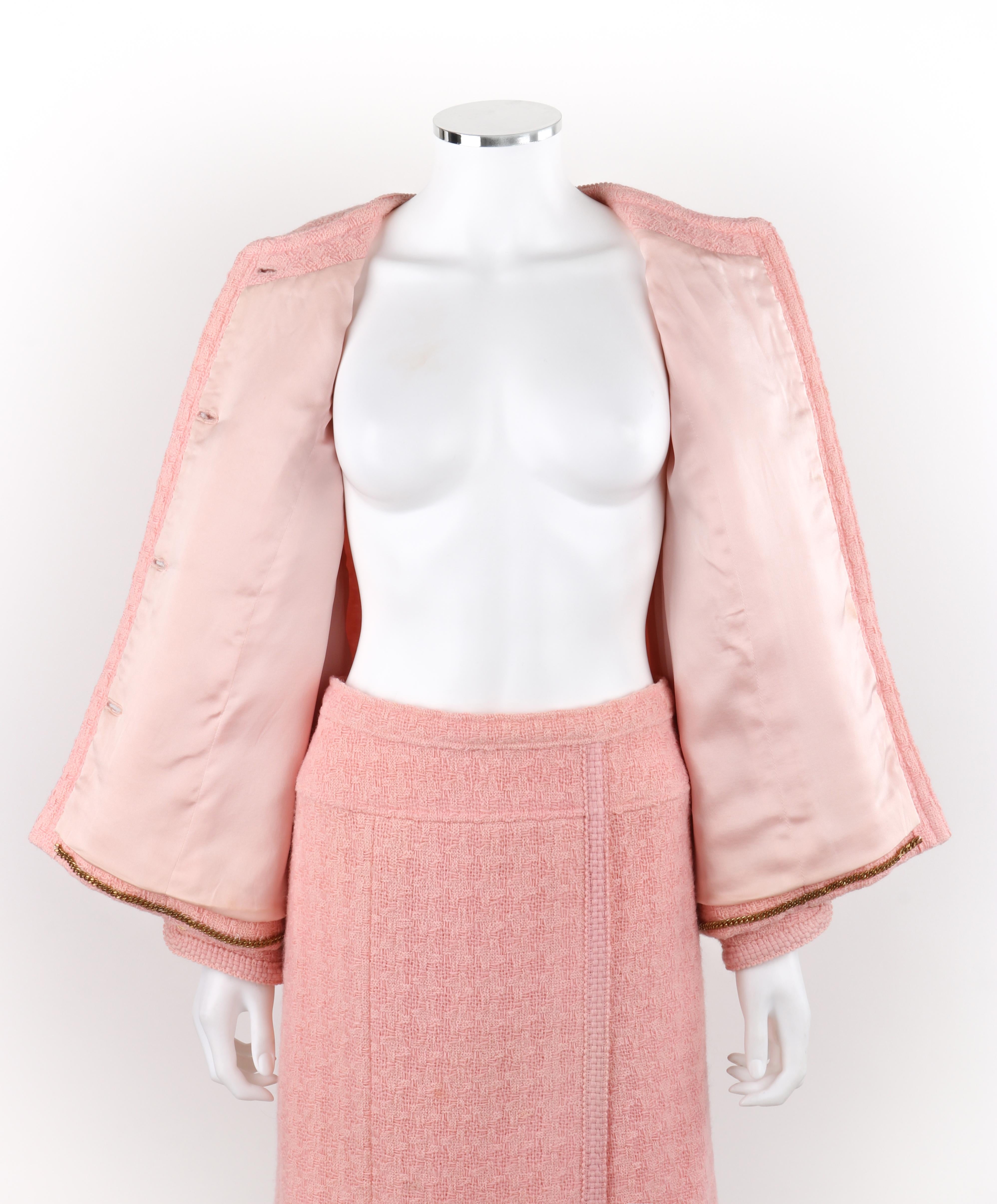 CHANEL c.1980's 2pc Pink Gold Button-Up Tweed Woven Trim Jacket Skirt Suit Set For Sale 1