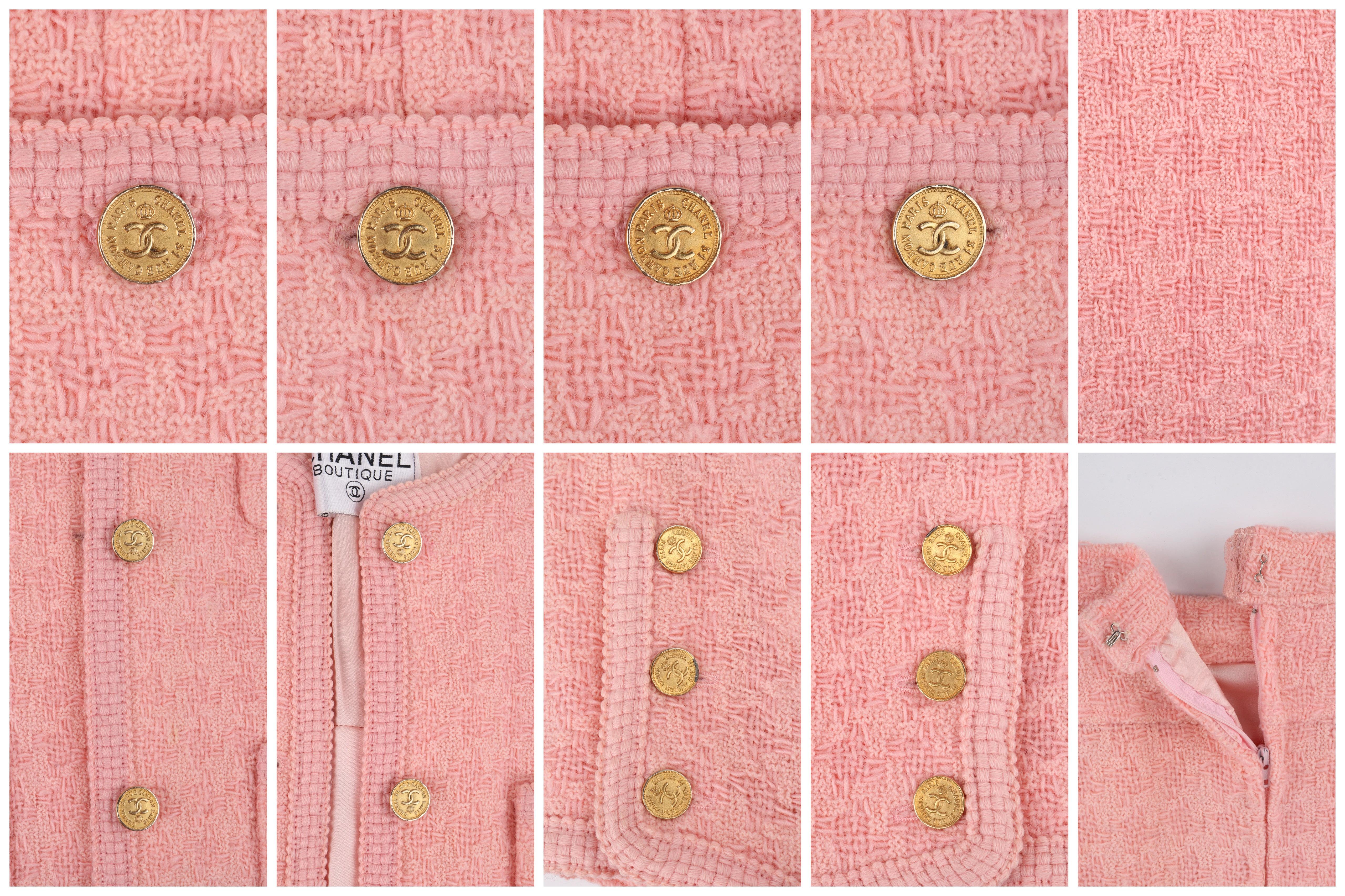 CHANEL c.1980's 2pc Pink Gold Button-Up Tweed Woven Trim Jacket Skirt Suit Set For Sale 2