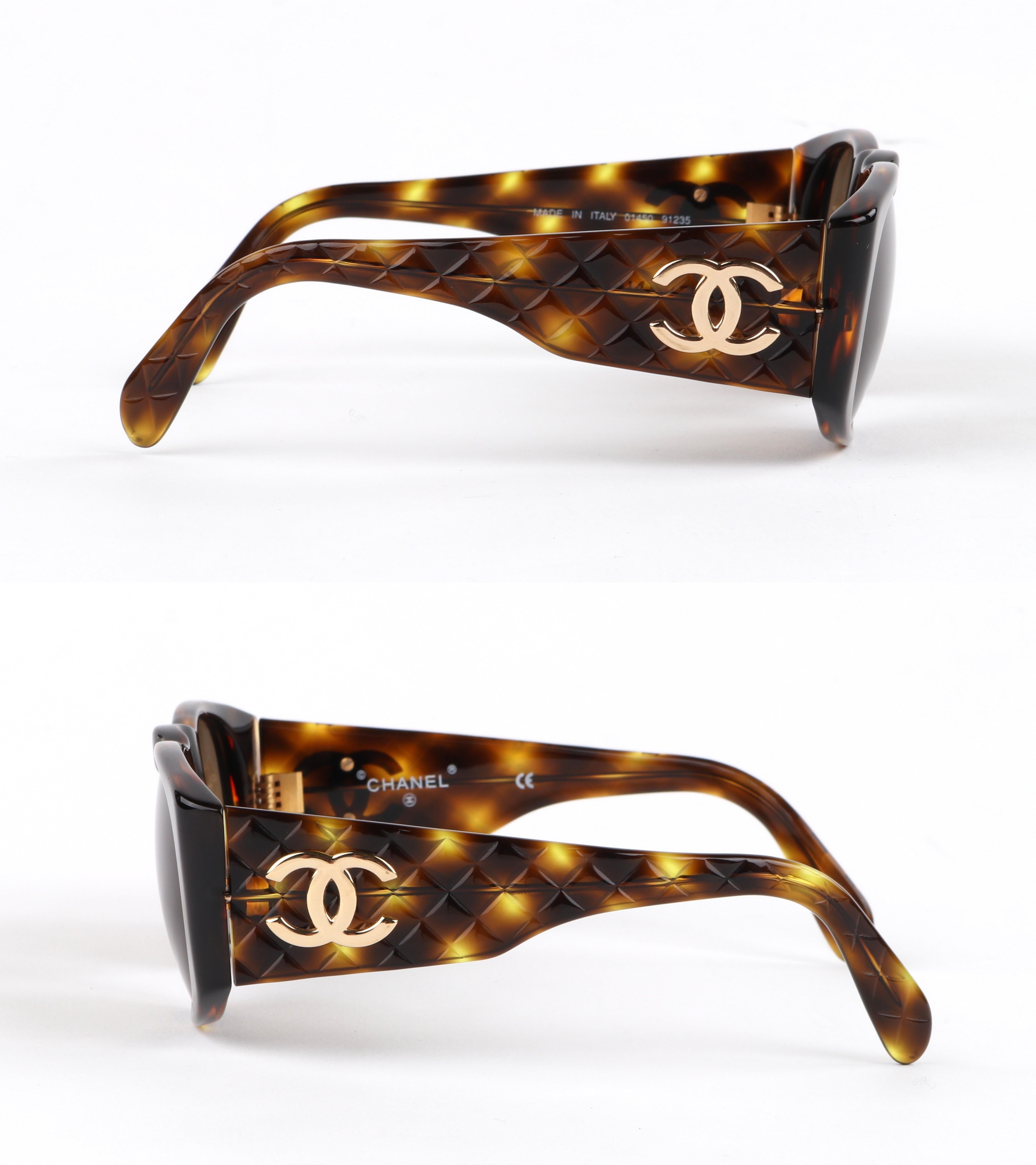 Black CHANEL c.1980’s Brown Tortoiseshell Quilted Gold CC Logo Sunglasses 01450 w/Box
