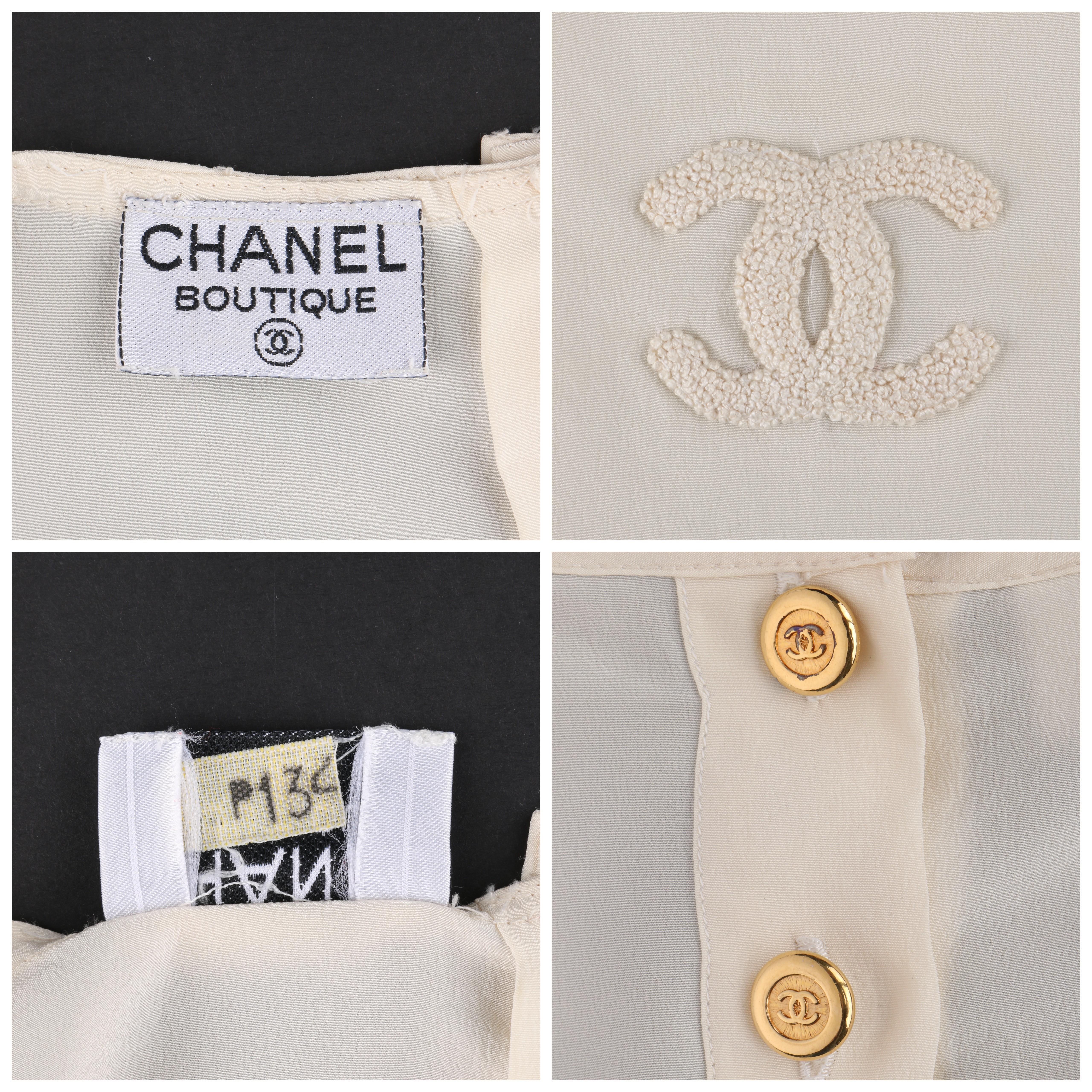Beige CHANEL c.1980’s Ivory Silk Embroidered Sleeveless Tank Top CC Boutique 
