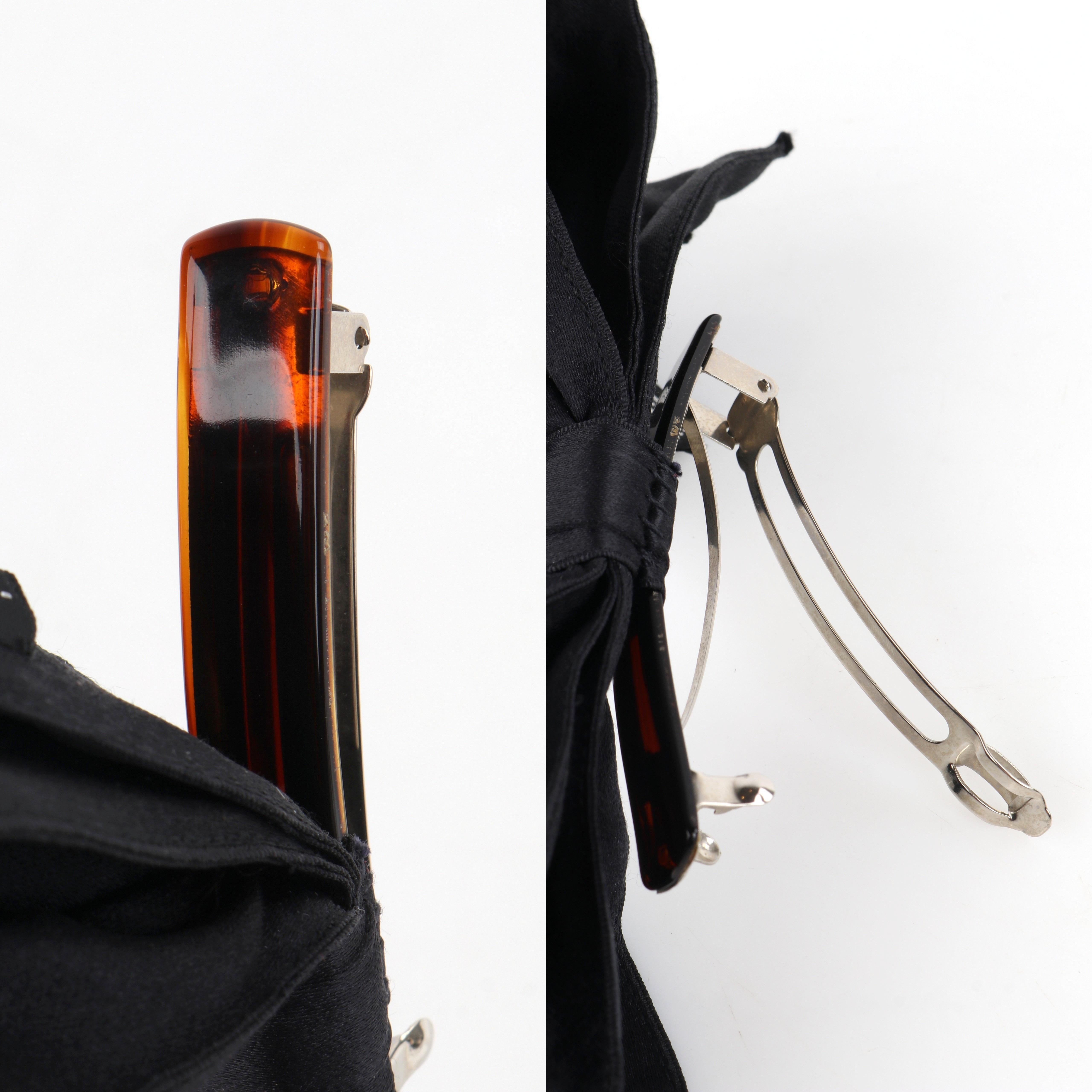 CHANEL c.1980's Vtg Negro Satinado Plata Pasador Gran Lazo Accesorio para el Pelo en venta 8