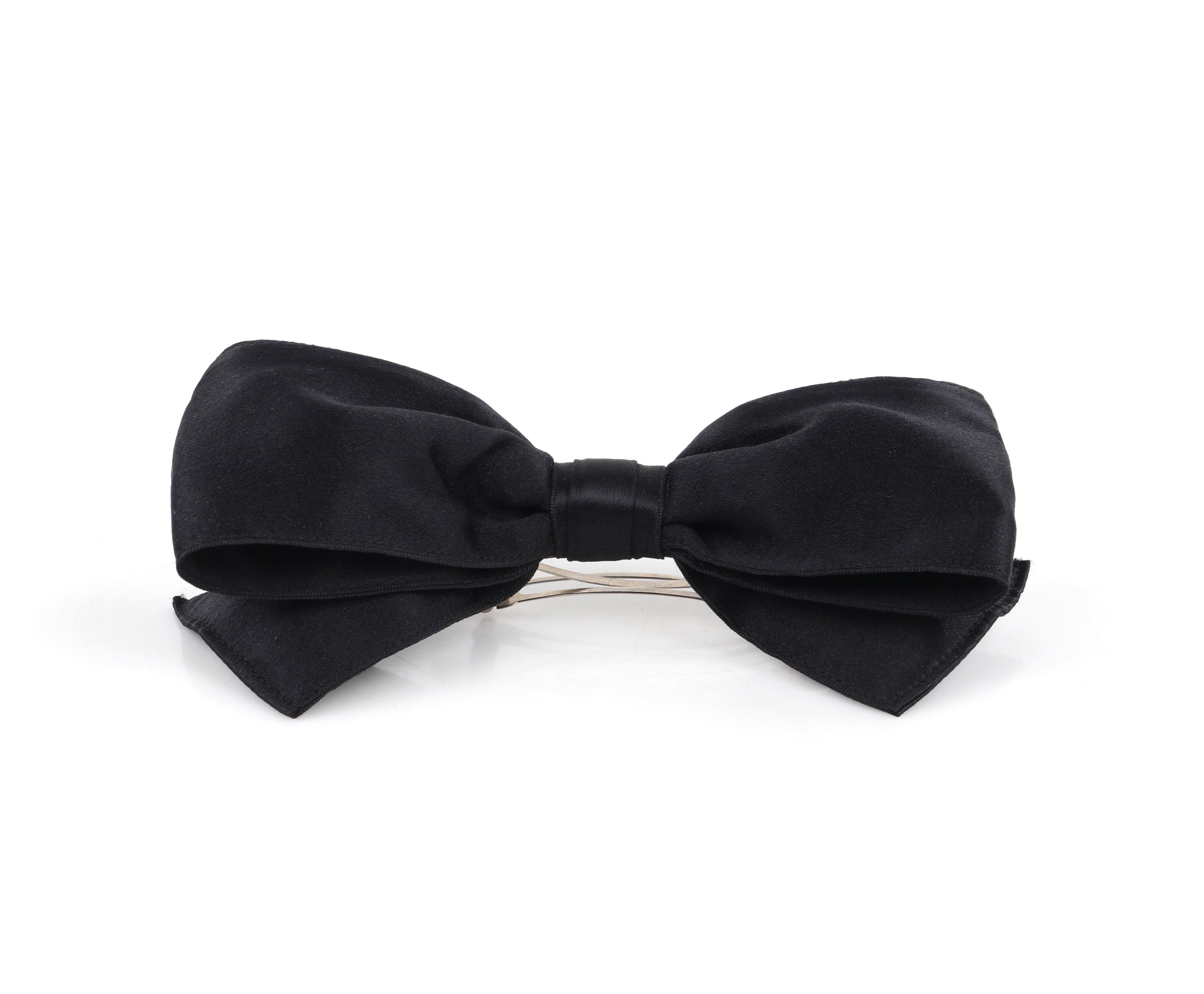 De las mujeres CHANEL c.1980's Vtg Negro Satinado Plata Pasador Gran Lazo Accesorio para el Pelo en venta