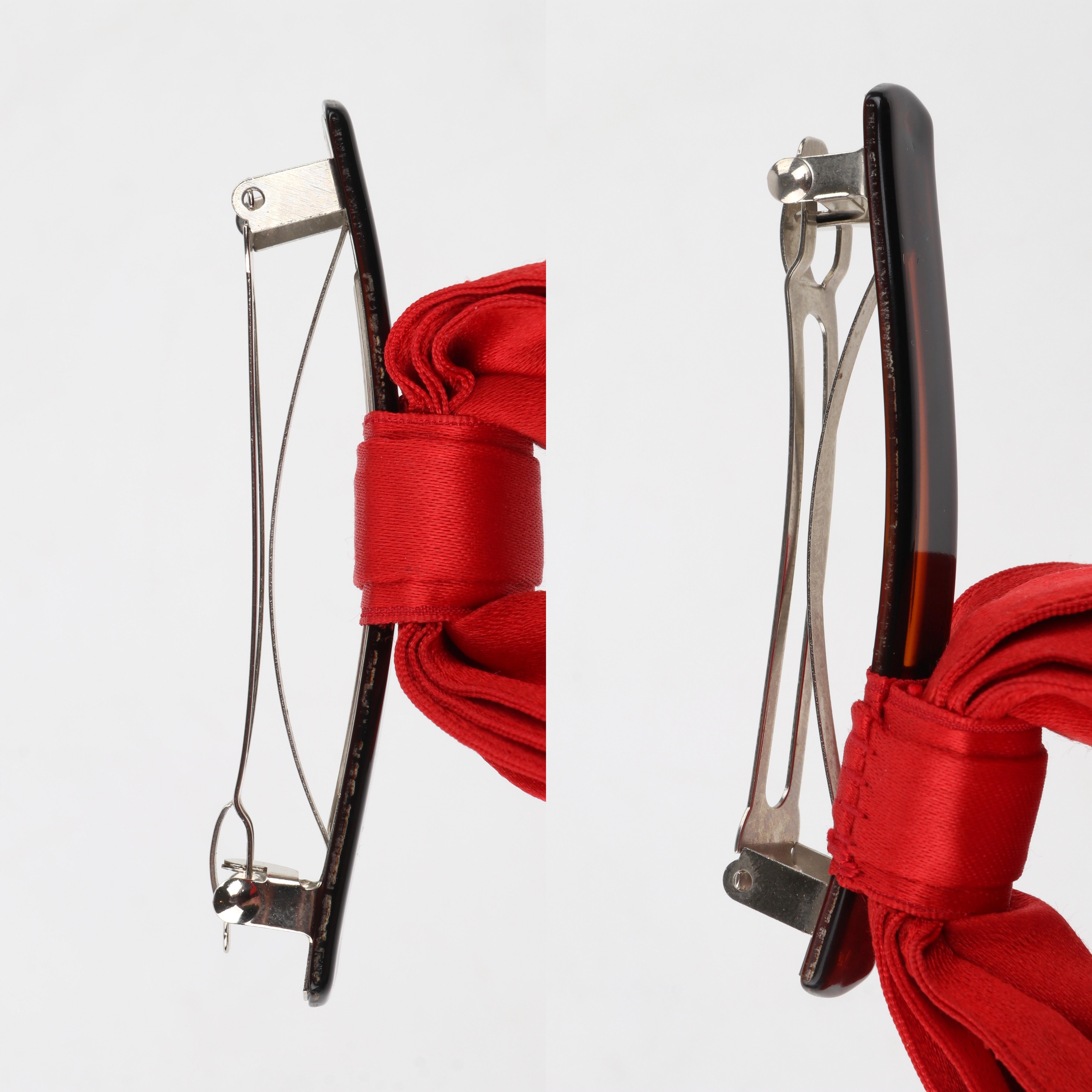 CHANEL c.1980's Vtg Red Satin Silver Barrette Large Bow Hair Clip Accessory For Sale 7