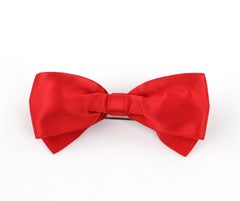 CHANEL c.1980's Vtg Red Satin Silver Barrette Large Bow Hair Clip Accessory