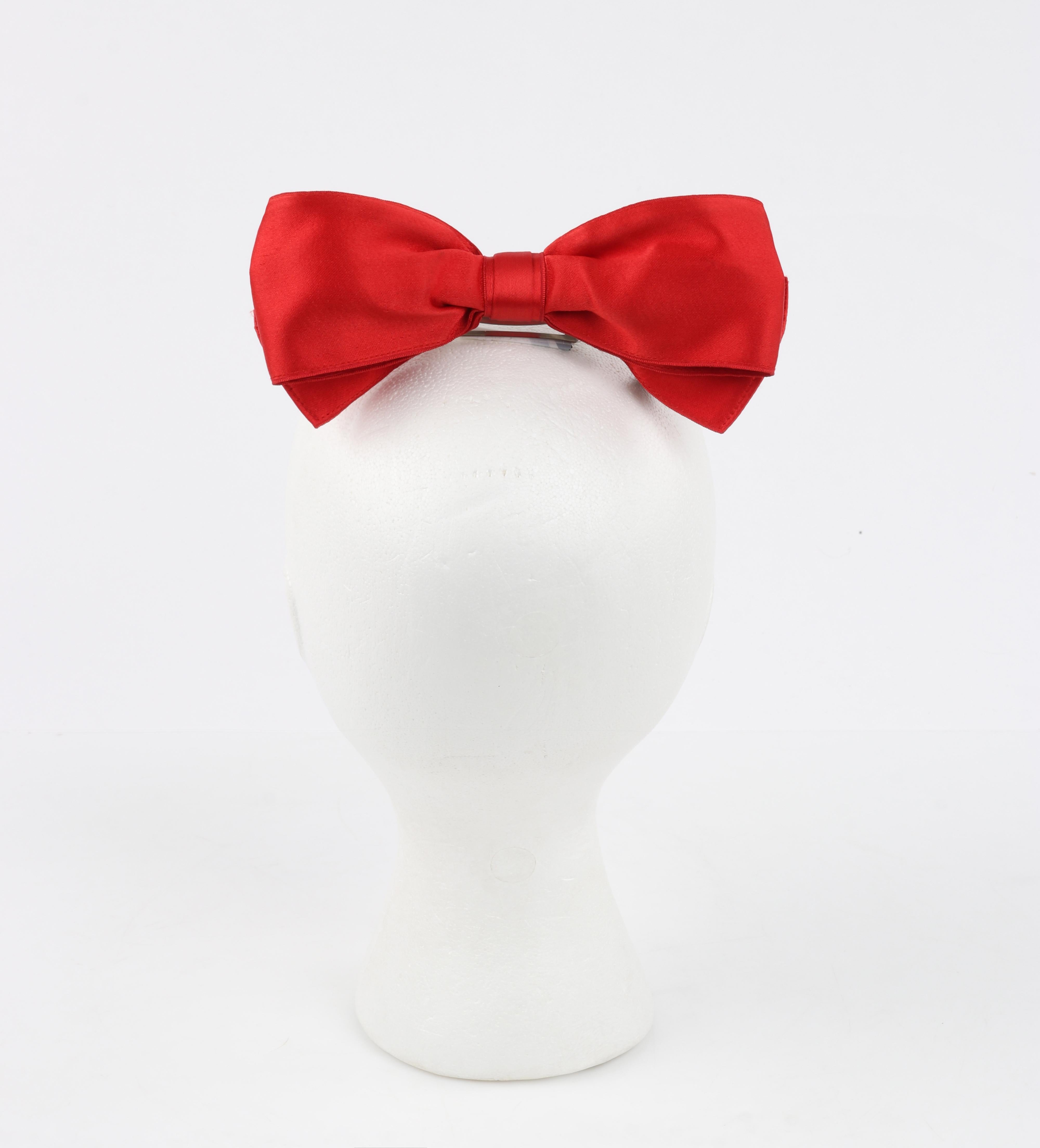 Women's CHANEL c.1980's Vtg Red Satin Silver Barrette Large Bow Hair Clip Accessory For Sale
