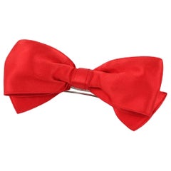 Vintage CHANEL c.1980's Vtg Red Satin Silver Barrette Large Bow Hair Clip Accessory