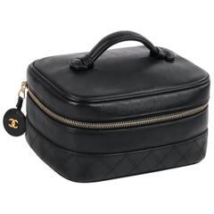 CHANEL c.1990's Black Leather Quilted Zip Around Cosmetic Bag Travel Case