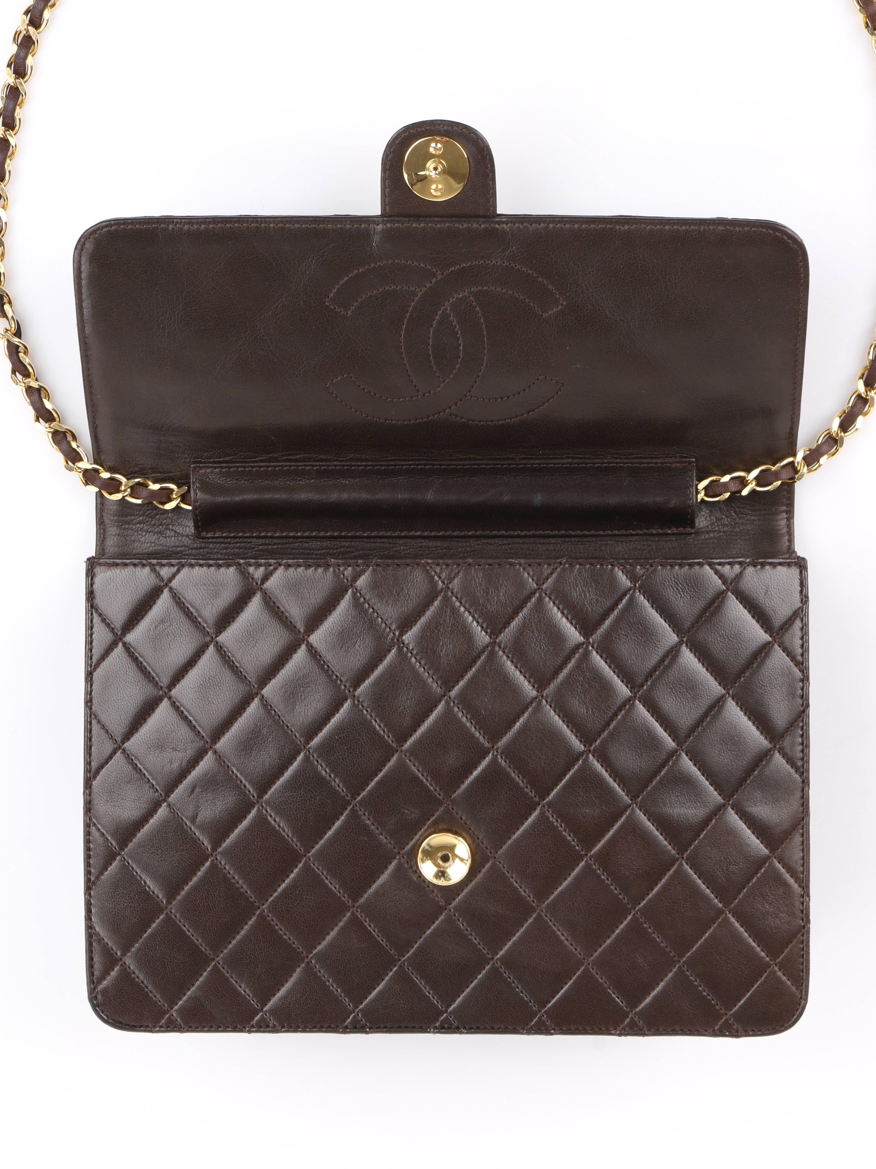 Black CHANEL c.1990's Brown Diamond Quilted Lambskin Leather Classic Flap Bag