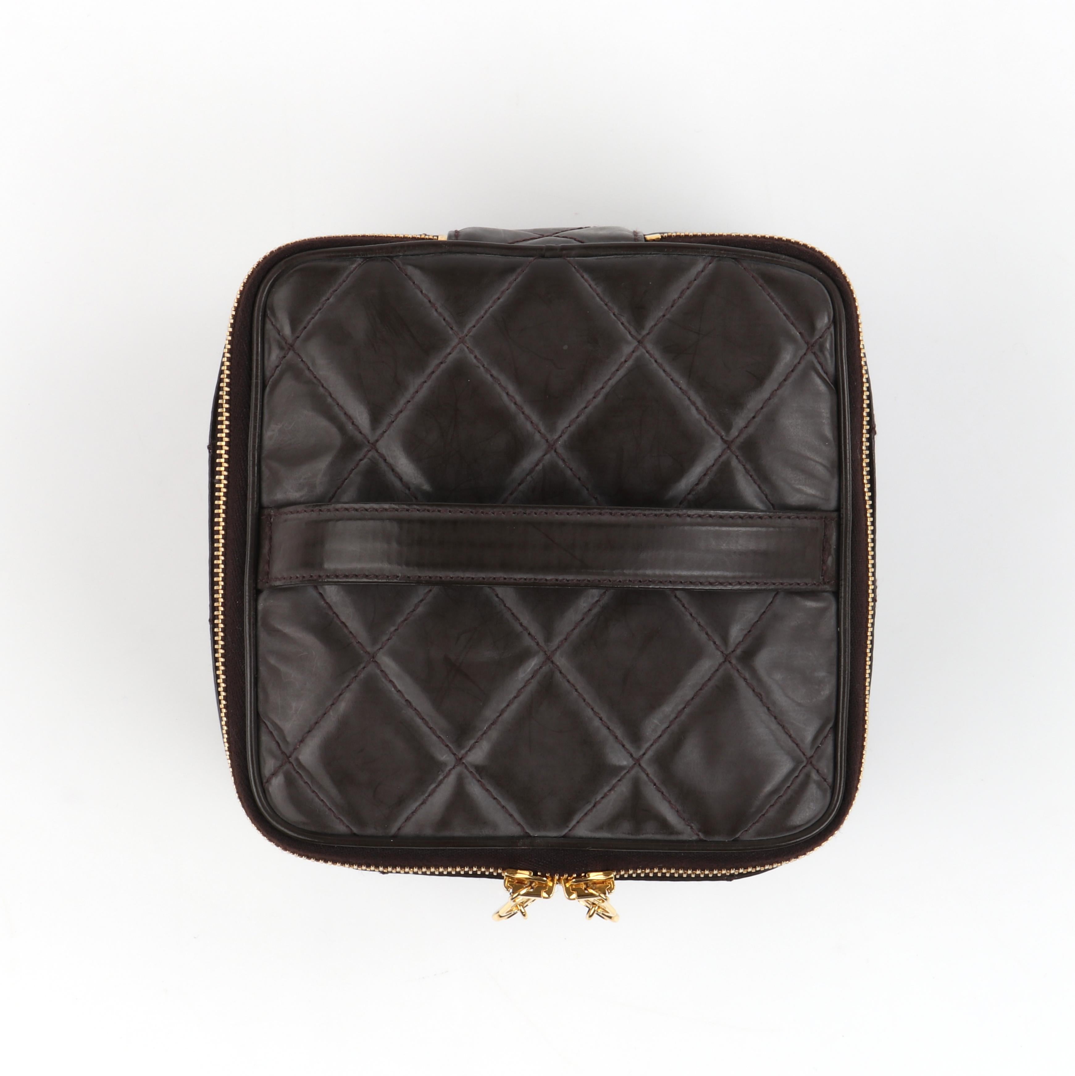 Black CHANEL c.1996 Brown Coated Leather Quilted Zip Around Cosmetic Bag Travel Case