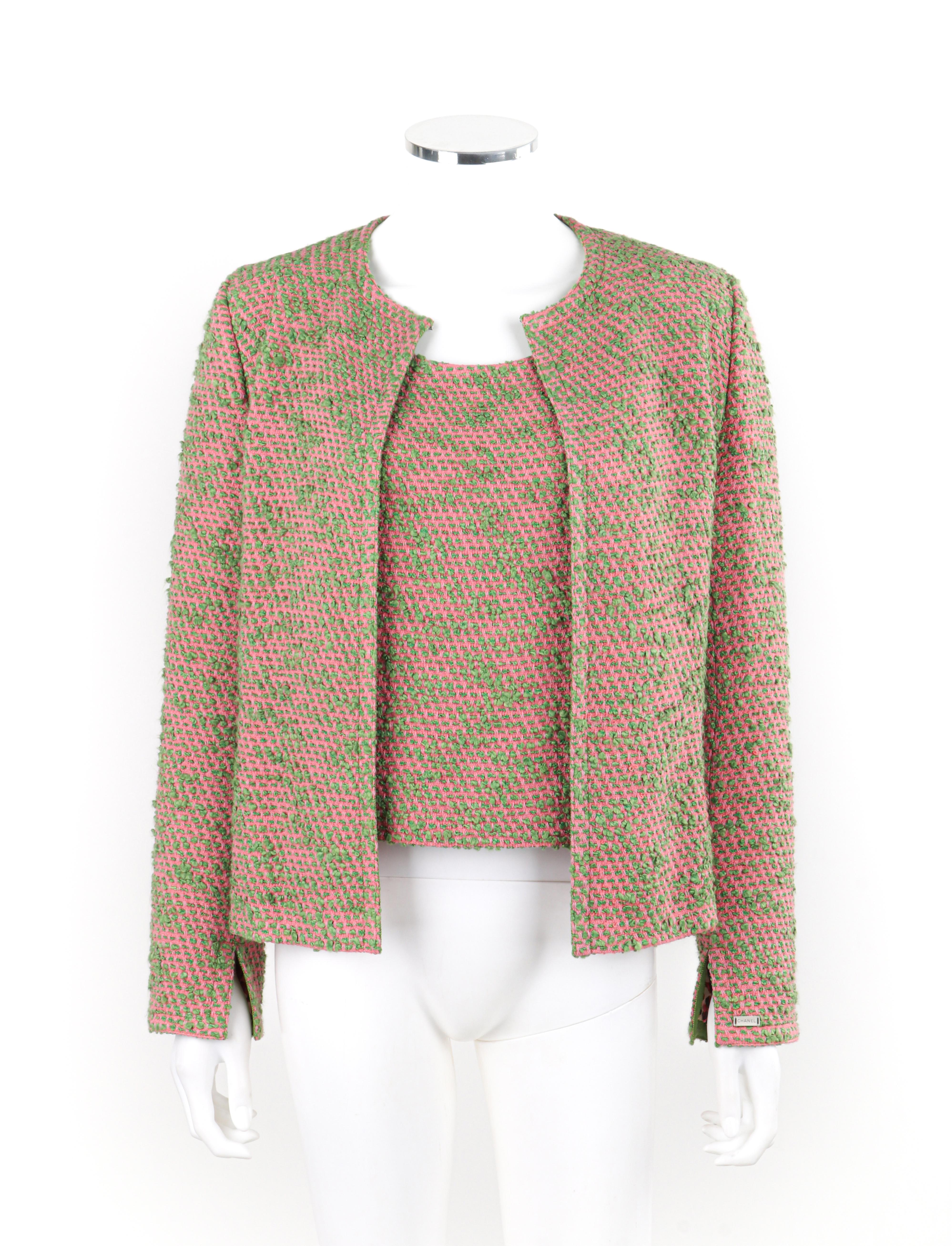 Brown CHANEL c.2000s Pink Green Boucle Knit Silk Jacket & Tank Top Shell 2pc Size 42 For Sale