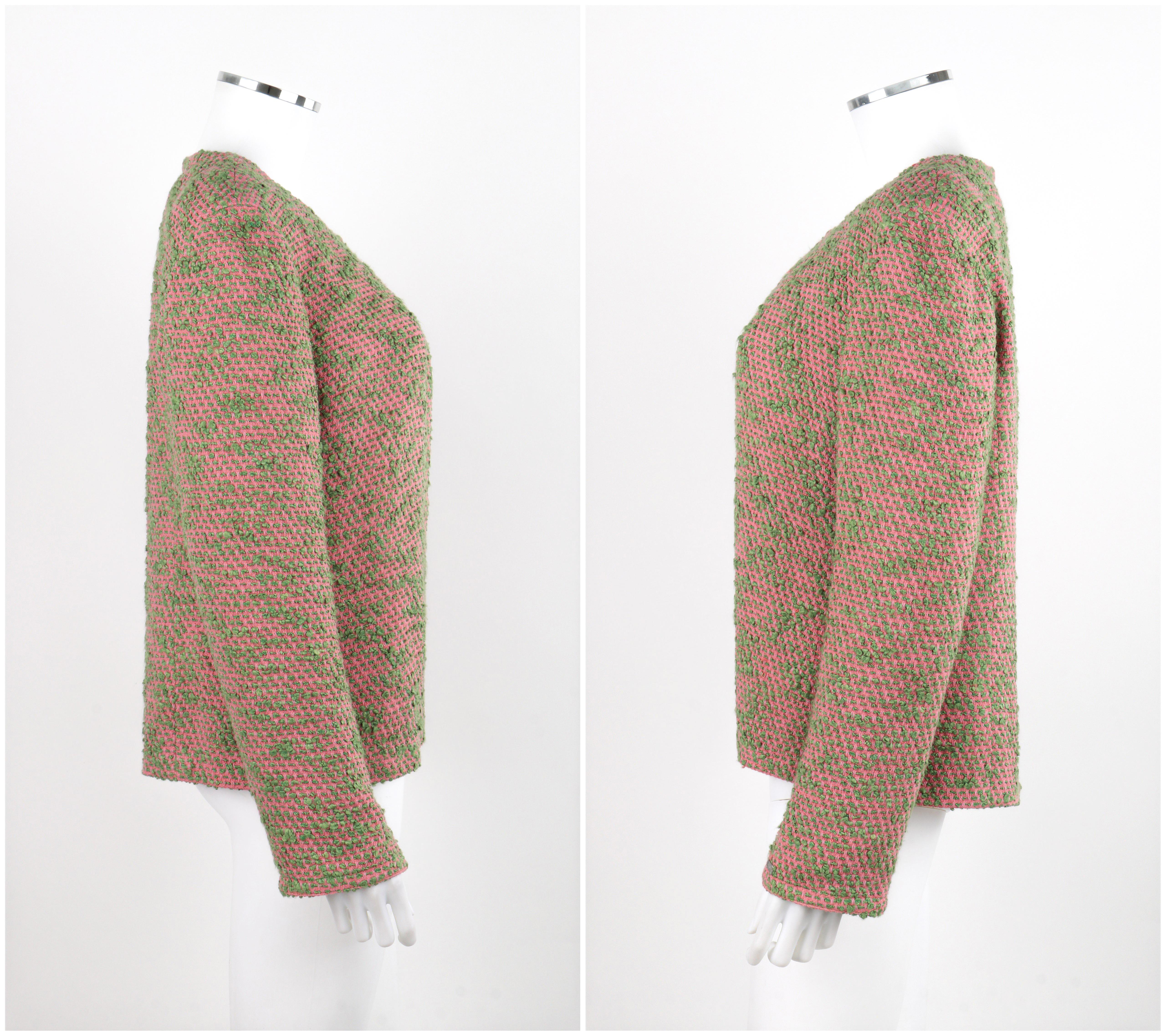 CHANEL c.2000s Pink Green Boucle Knit Silk Jacket & Tank Top Shell 2pc Size 42 In Good Condition For Sale In Thiensville, WI