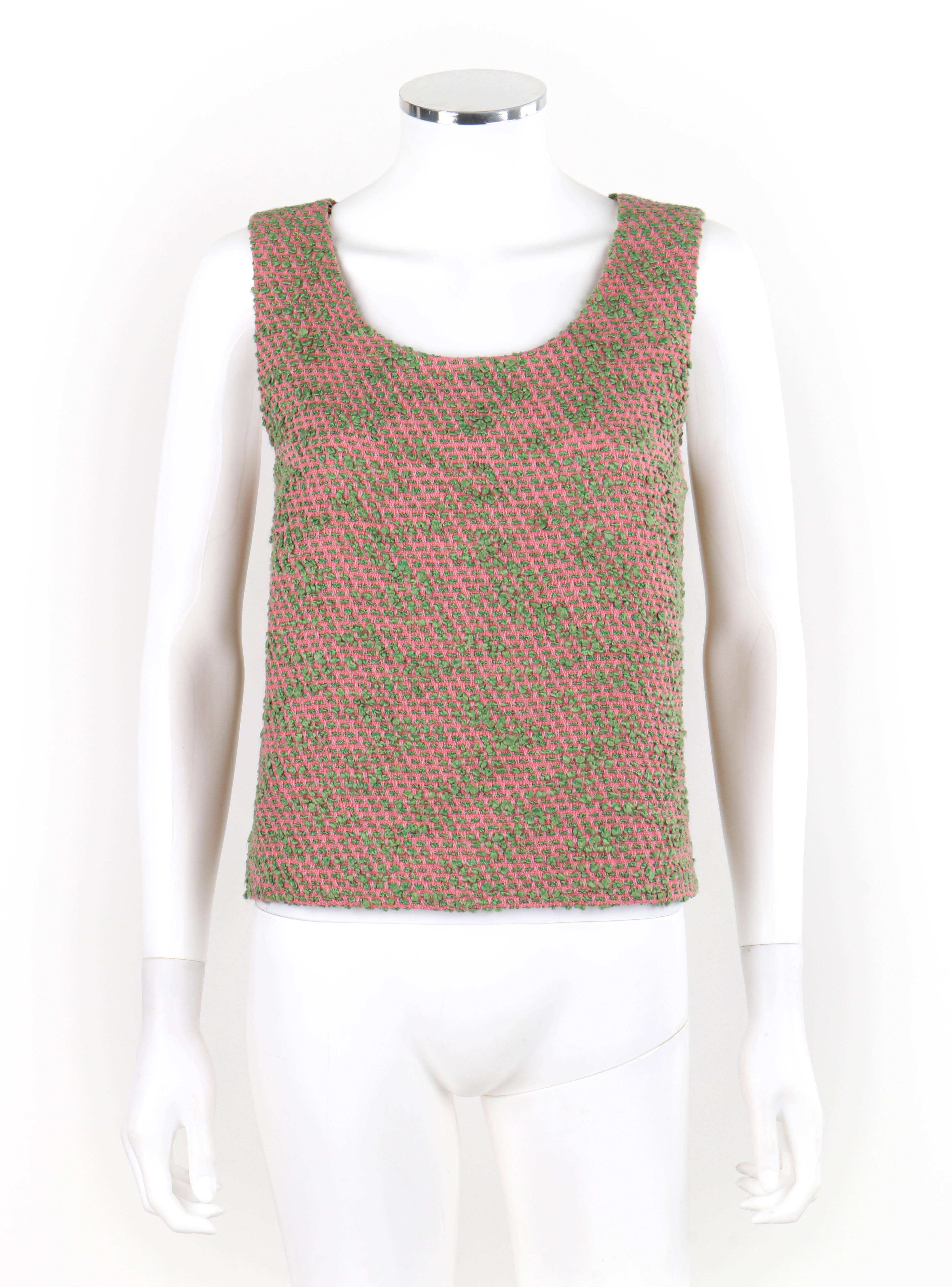 CHANEL c.2000s Pink Green Boucle Knit Silk Jacket & Tank Top Shell 2pc Size 42 For Sale 1