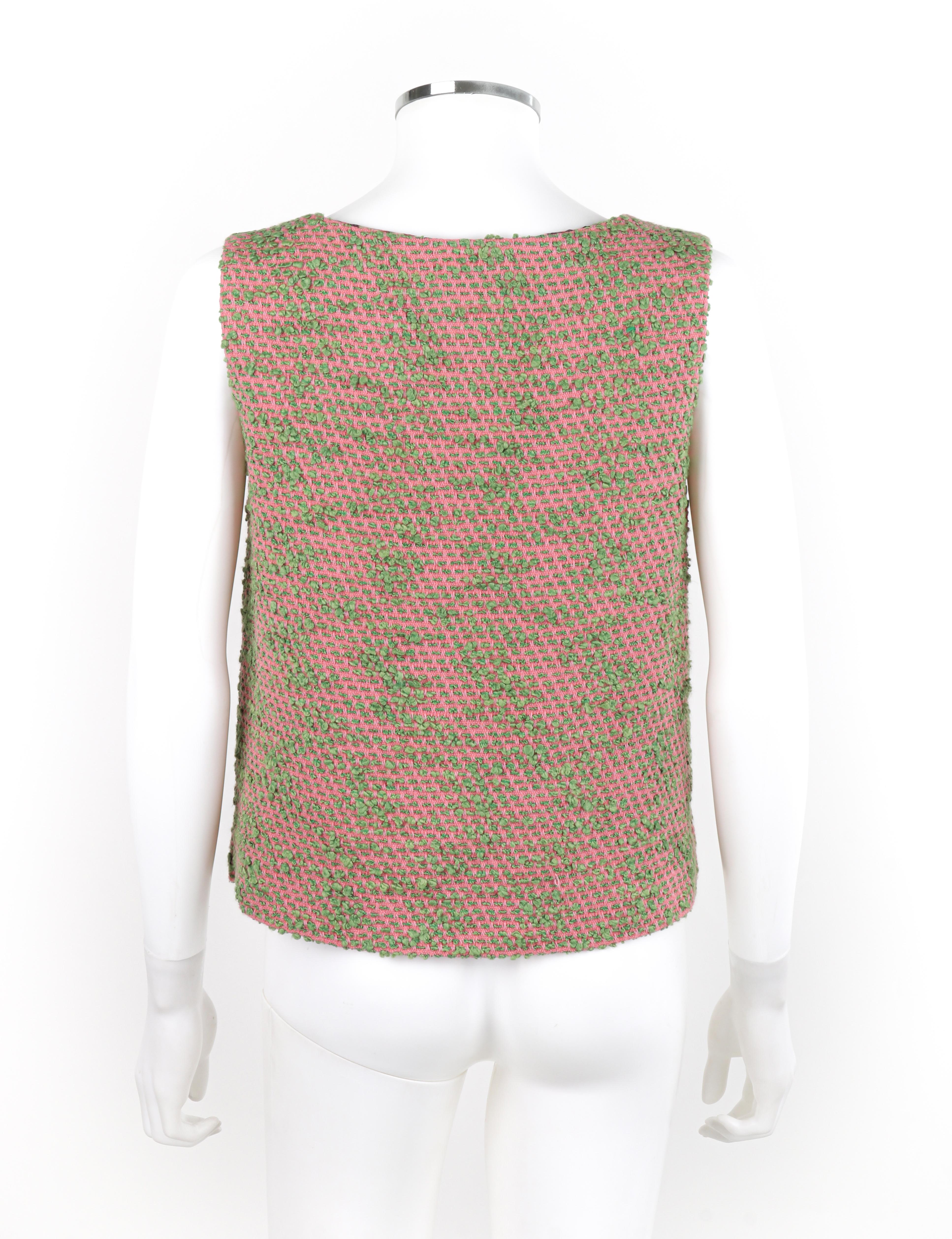 CHANEL c.2000s Pink Green Boucle Knit Silk Jacket & Tank Top Shell 2pc Size 42 For Sale 3