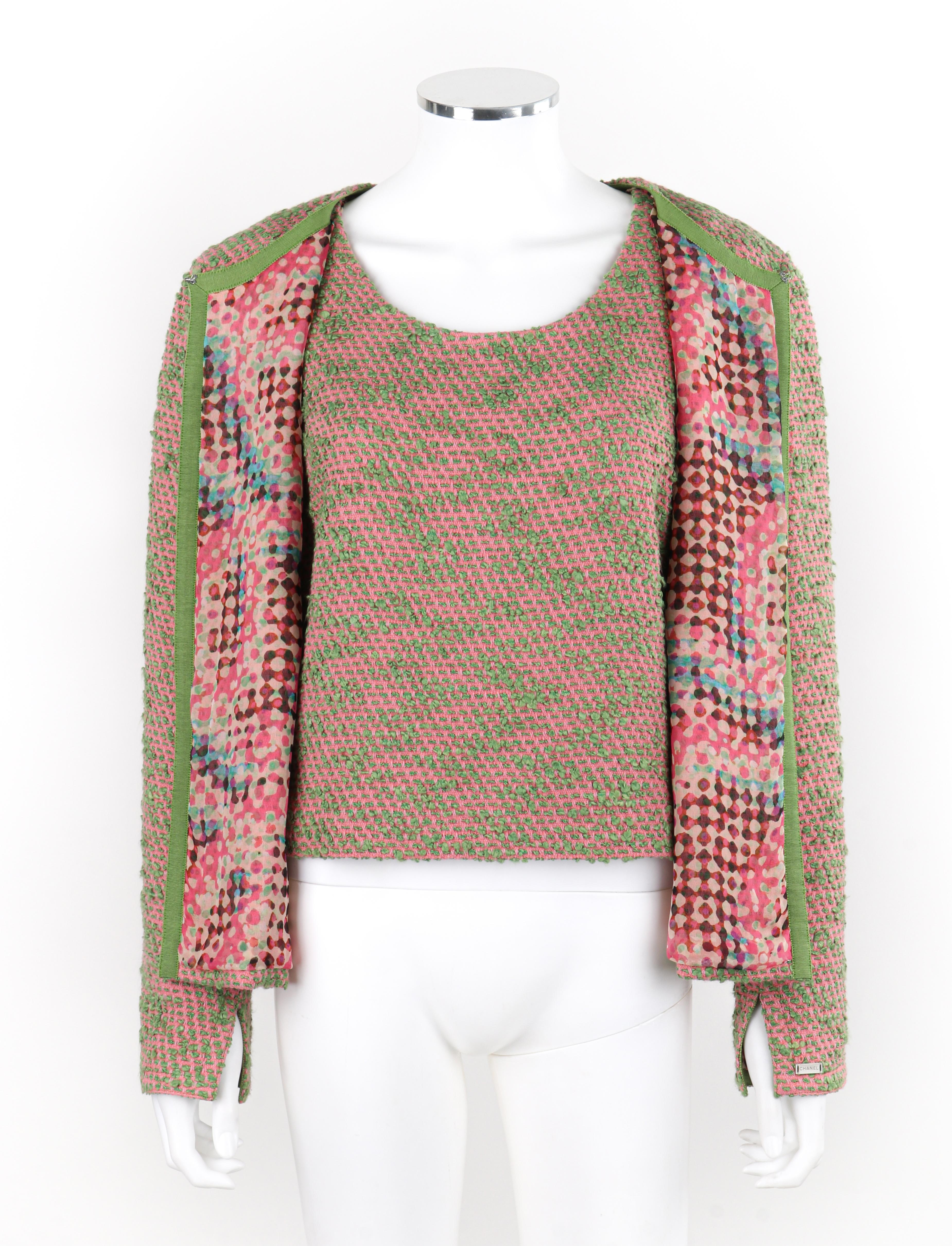 CHANEL c.2000s Pink Green Boucle Knit Silk Jacket & Tank Top Shell 2pc Size 42 en vente 4