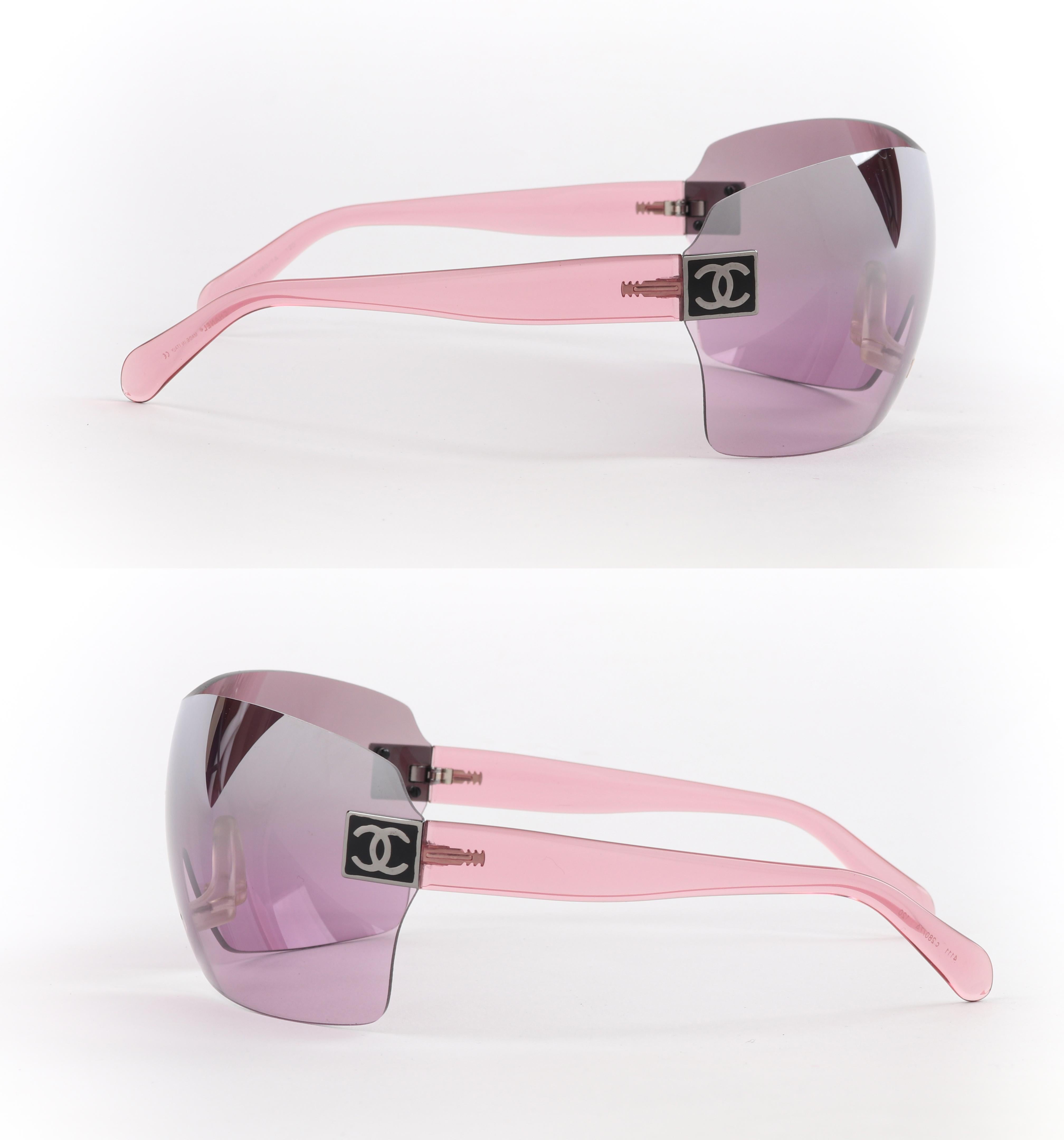 Gray CHANEL c.2000’s Pink Translucent CC Logo Shield Rimless Sunglasses 4111 w/Box