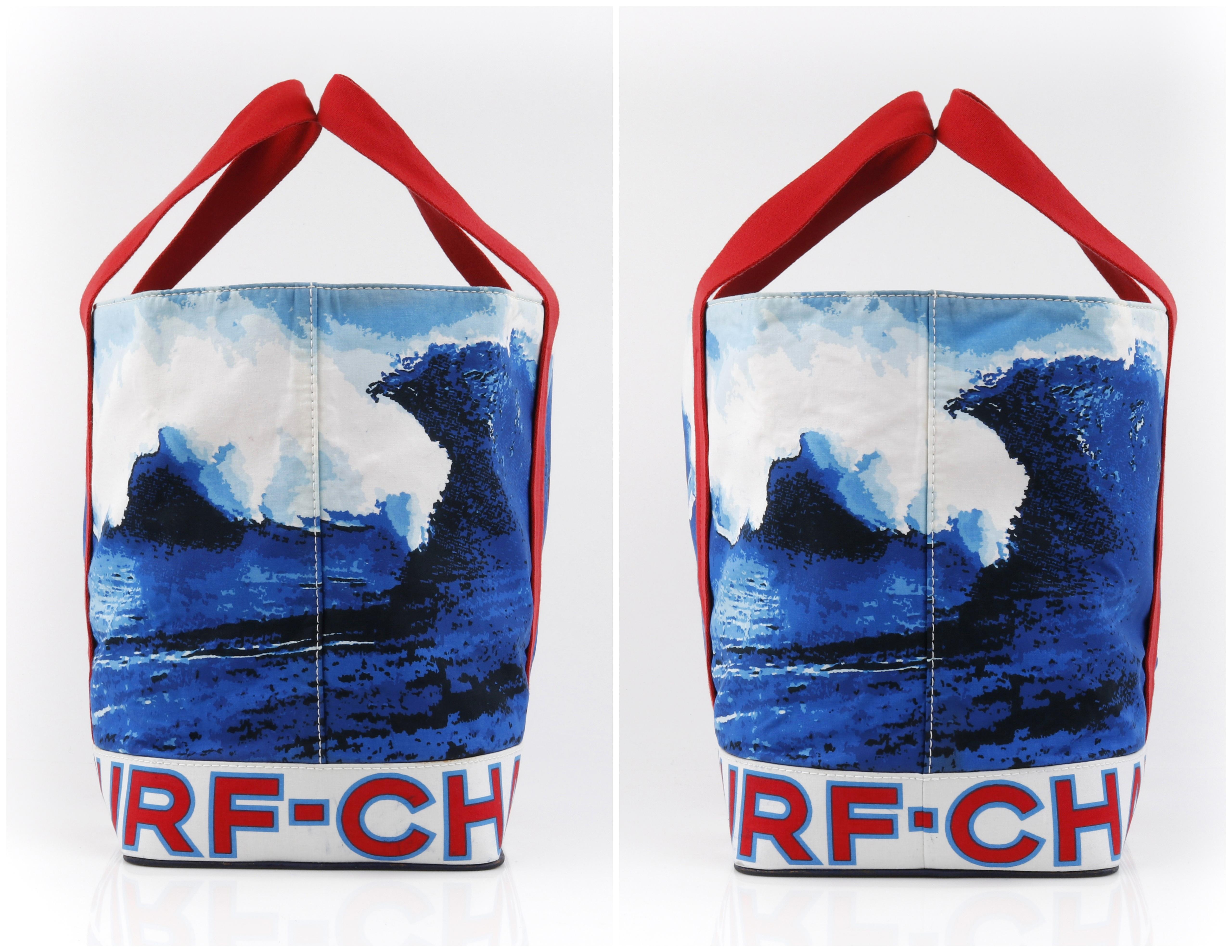 CHANEL c.2002 Rot Weiß Blau CC Surf Wave Canvas Strandtasche Große Tragetasche Damen