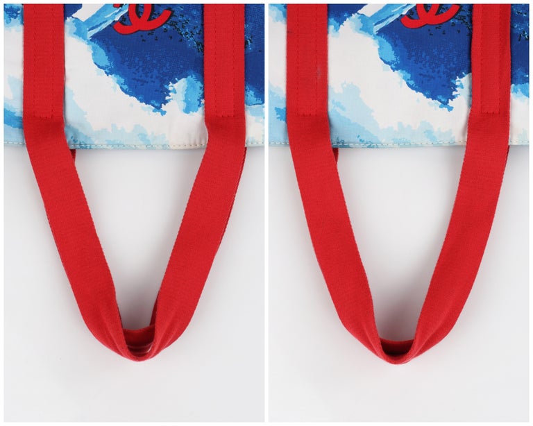 CHANEL c.2002 Red White Blue CC Surf Wave Canvas Beach Bag Large Tote For Sale 5