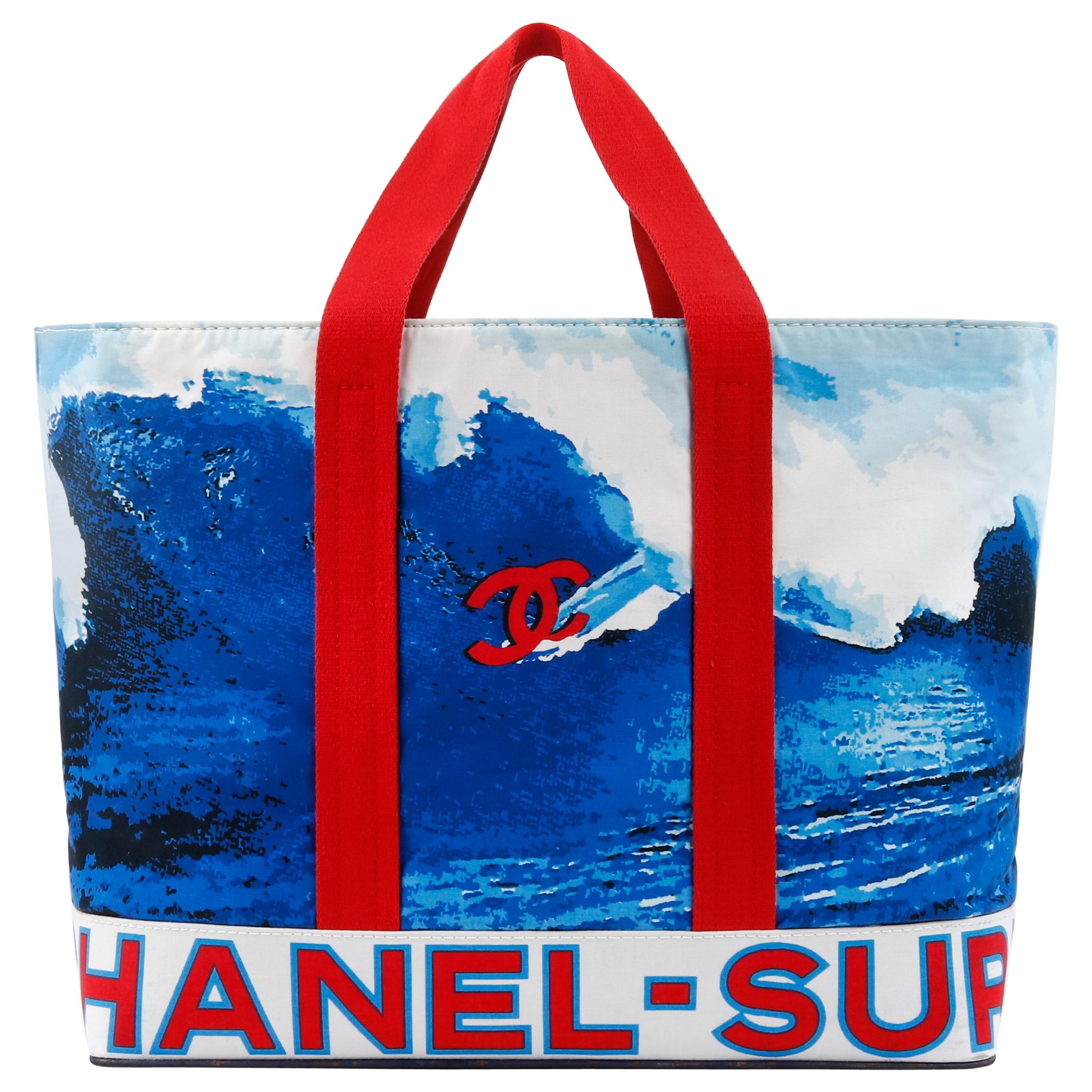 CHANEL c.2002 Rot Weiß Blau CC Surf Wave Canvas Strandtasche Große Tragetasche