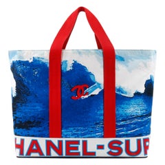 Vintage CHANEL c.2002 Red White Blue CC Surf Wave Canvas Beach Bag Large Tote