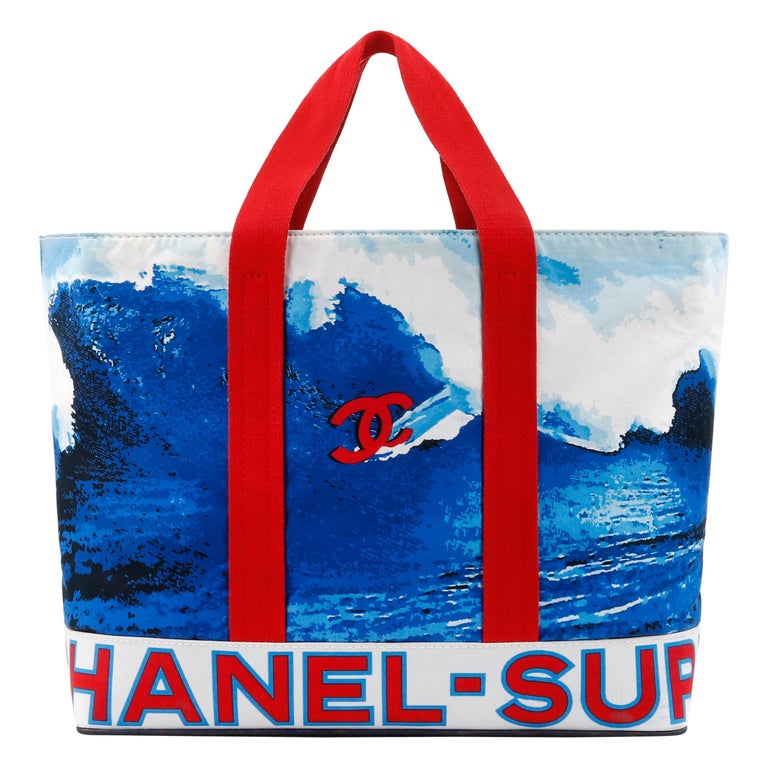 CHANEL c.2002 Red White Blue CC Surf Wave Canvas Beach Bag Large Tote For Sale
