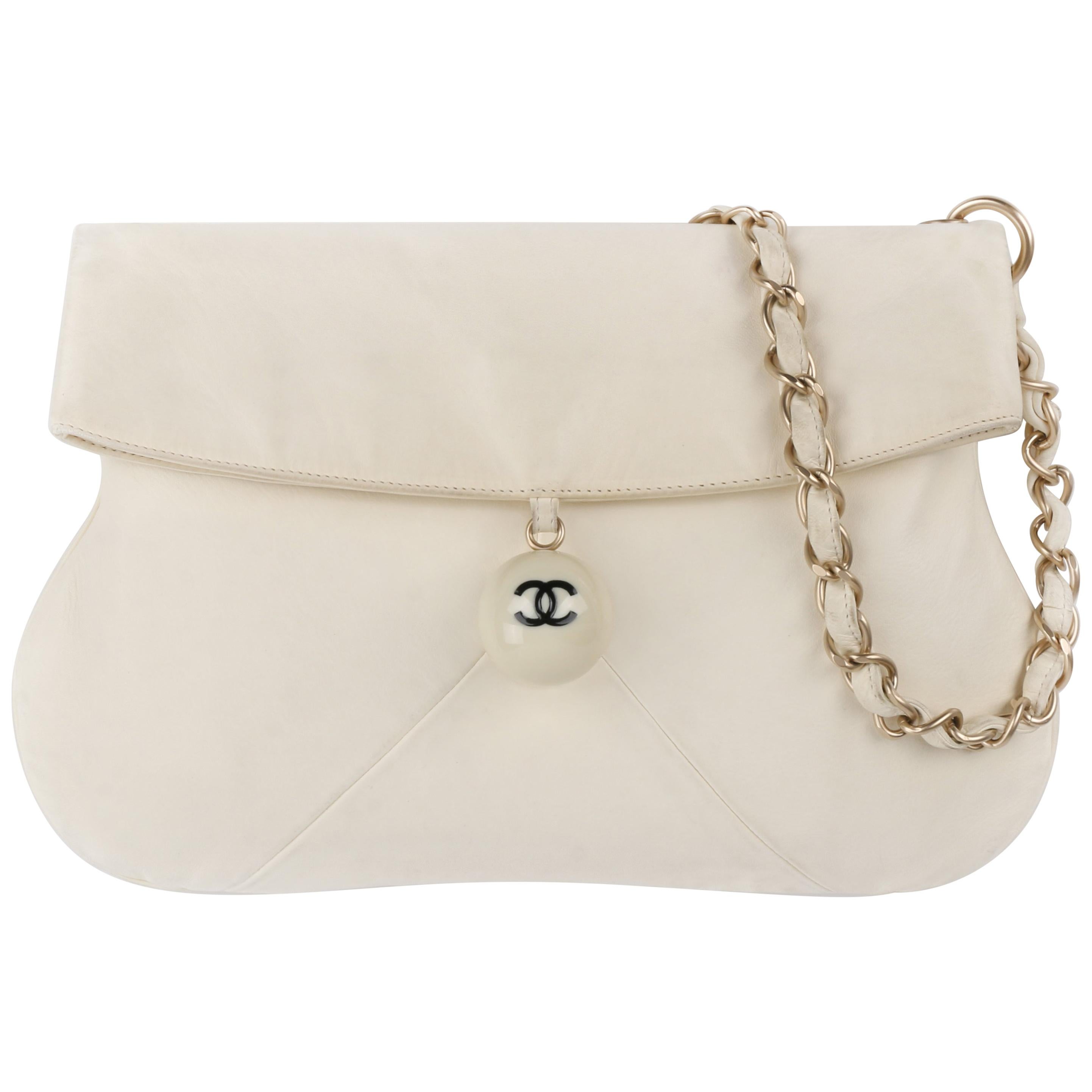 CHANEL c.2003 Ivory Lambskin Leather Coco Cue Ball Braided Chain Shoulder Bag
