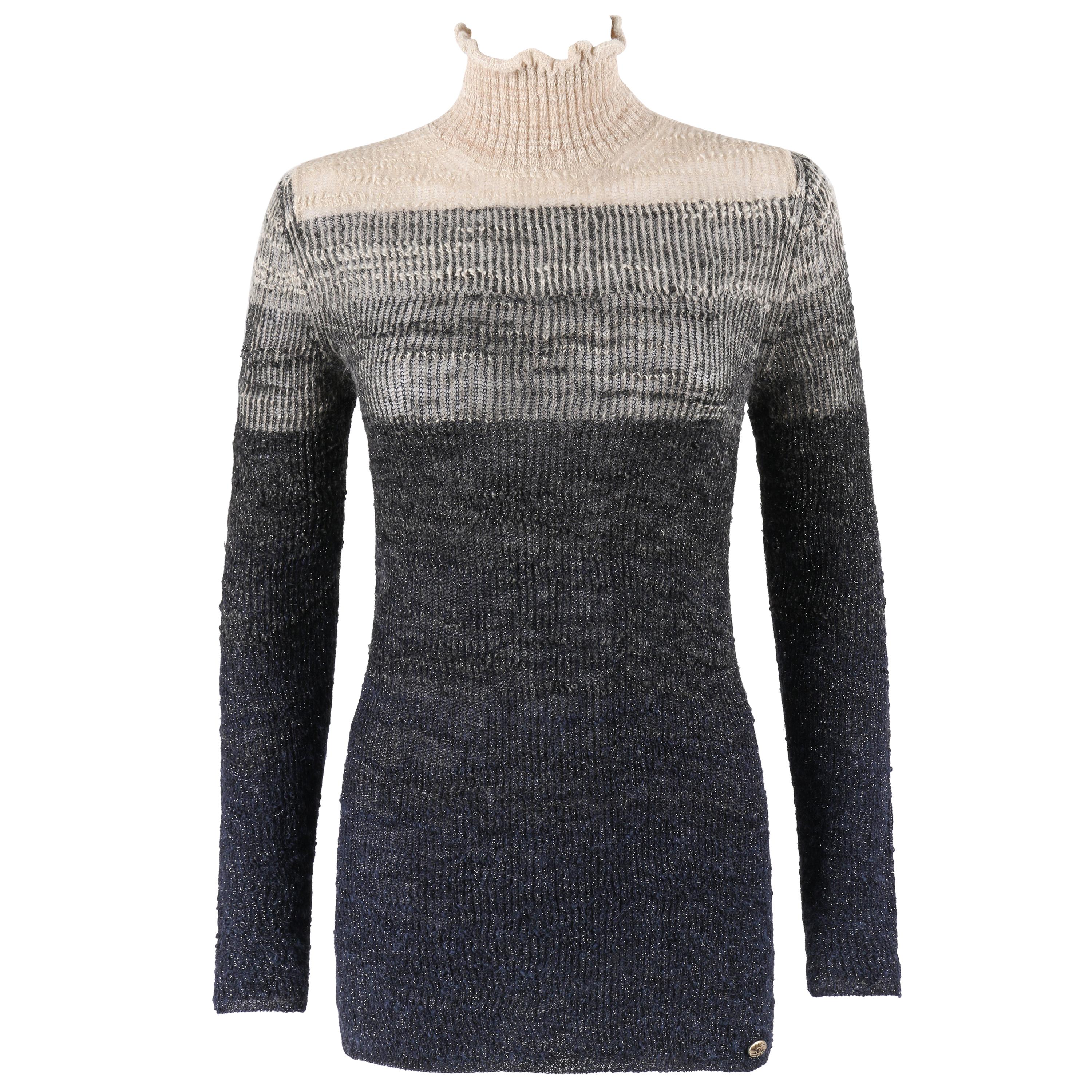 CHANEL c.2012 Navy & Beige Alpaca Wool Shimmering Ombré Turtleneck Sweater