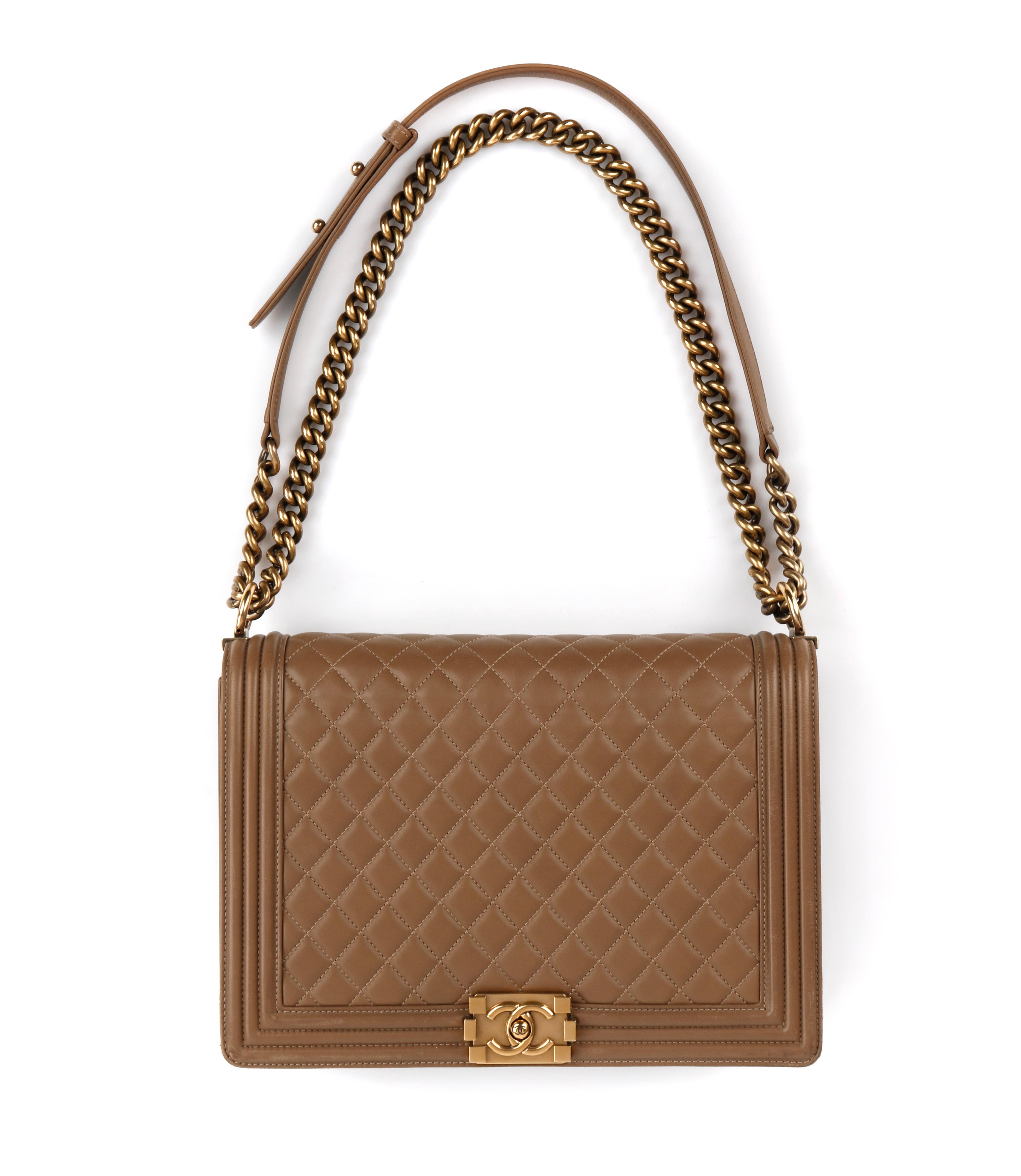 CHANEL c.2014 “Boy” Tan Quilted Leather Gold Hardware Cross-body Shoulder Bag
 
Estimated Retail: $5,500
 
Brand / Manufacturer: Chanel
Collection: Boy Chanel 
Style: Crossbody / Shoulder Bag 
Color(s): Tan and gold. 
Unmarked Materials (feel of):