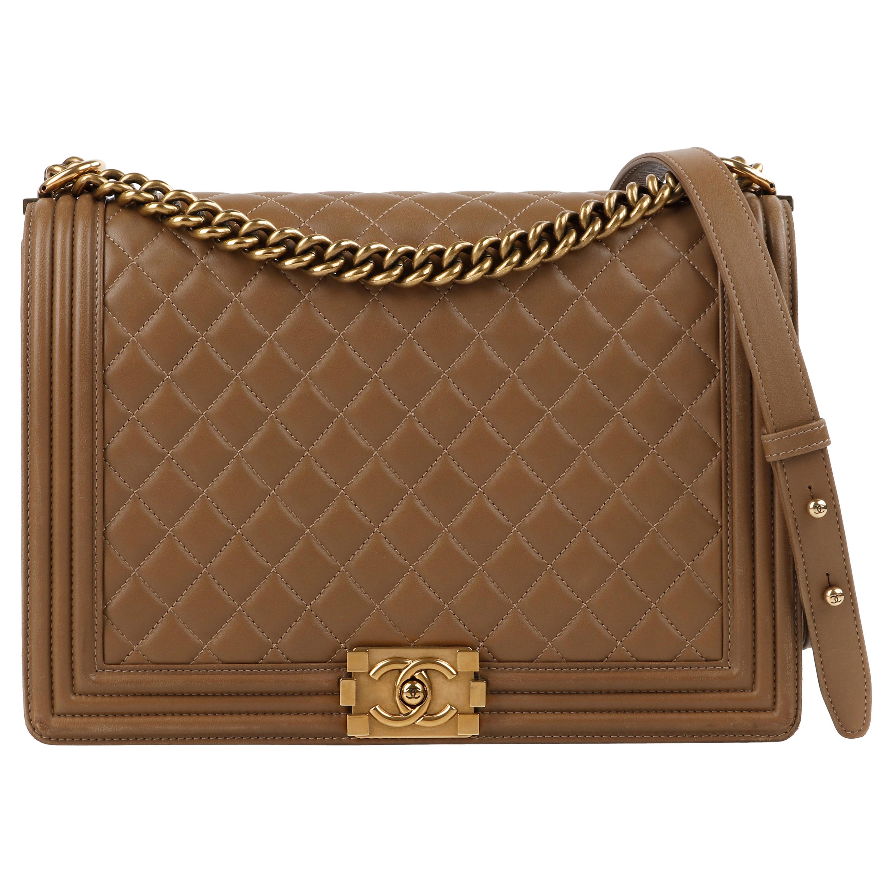 CHANEL c.2014 “Boy” Tan Quilted Leather Gold Hardware Cross-body Shoulder Bag