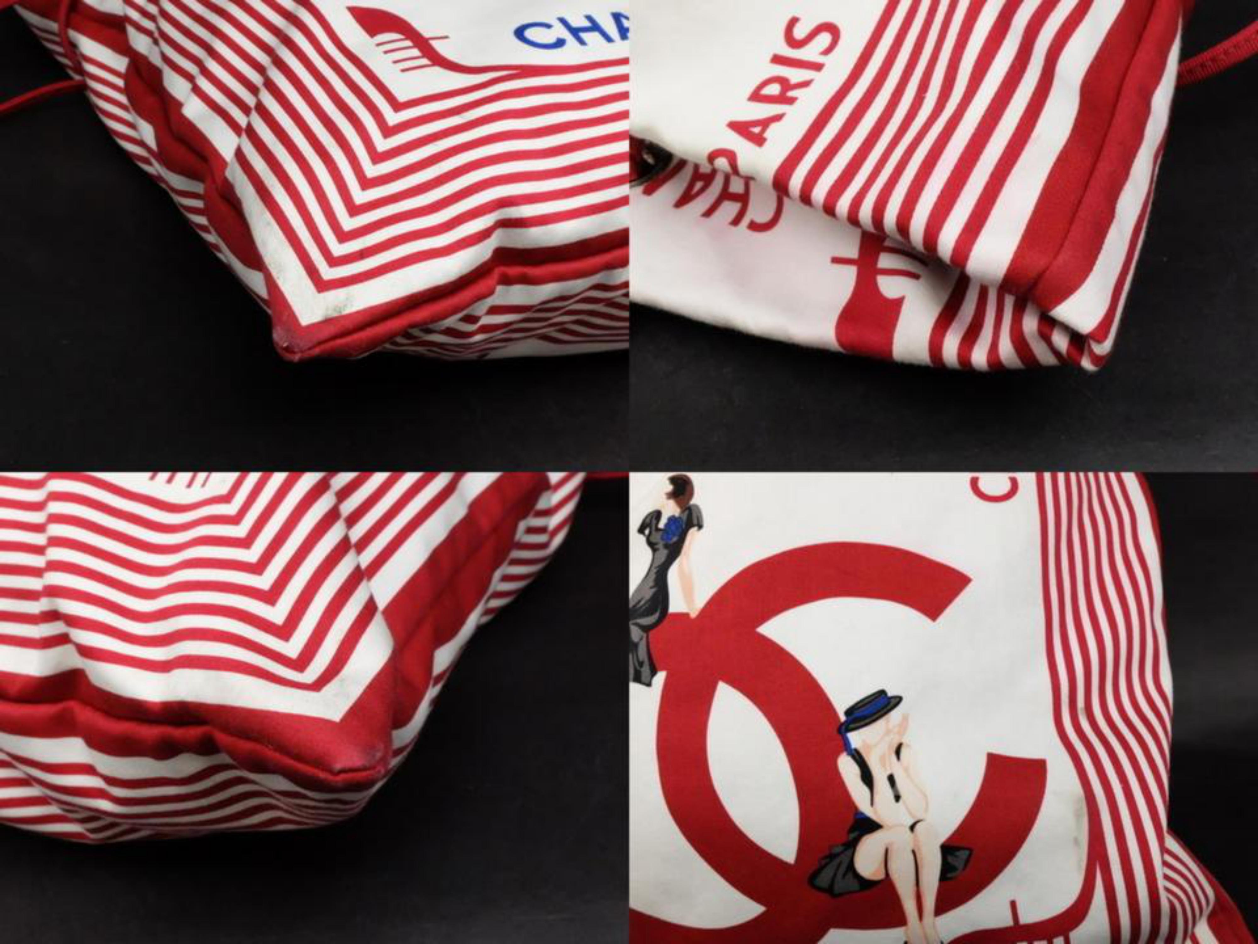 Chanel Cabas Extra Large Red Stripe Chain 231321 White Cotton Shoulder Bag For Sale 1