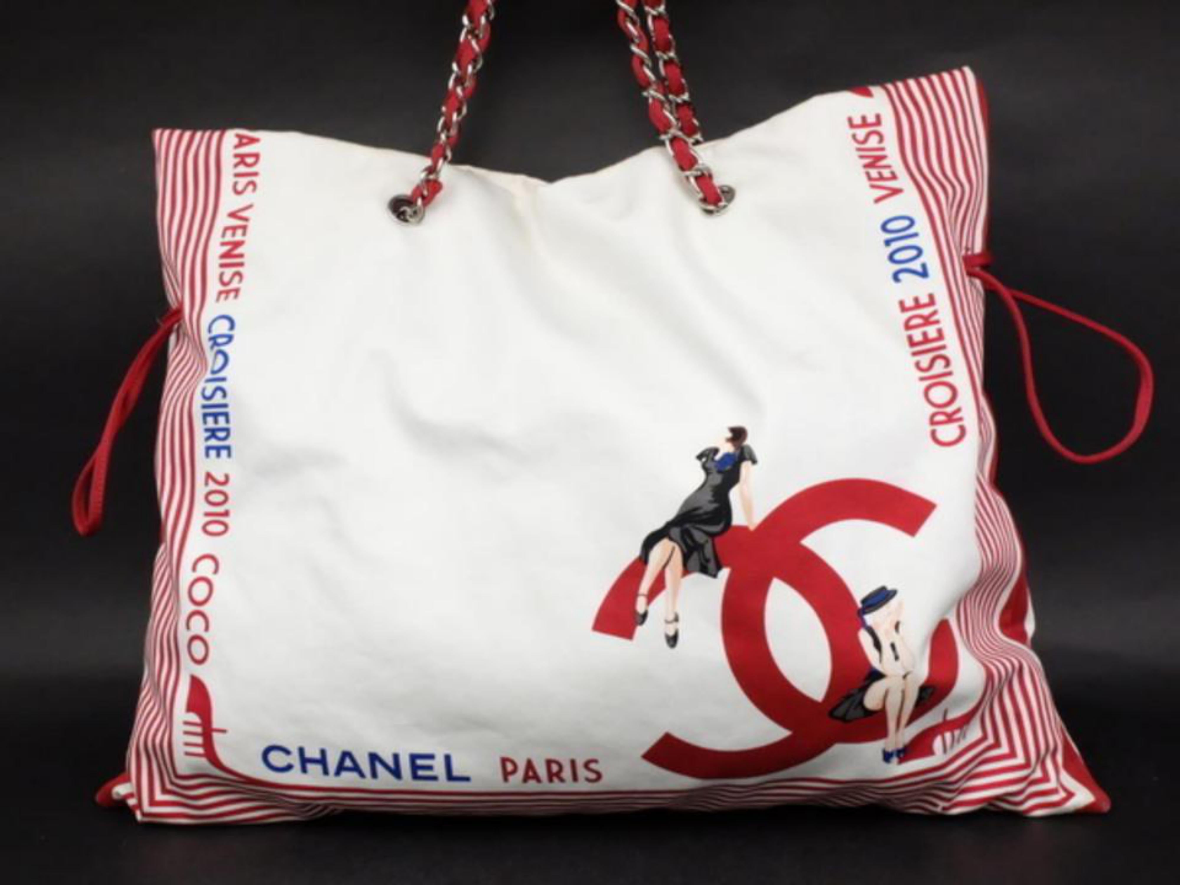 Chanel Cabas Extra Large Red Stripe Chain 231321 White Cotton Shoulder Bag For Sale 3