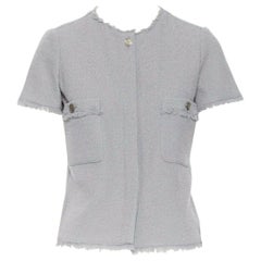 CHANEL cadet grey short sleeves slim-fit frayed hem summer tweed jacket FR 34 XS