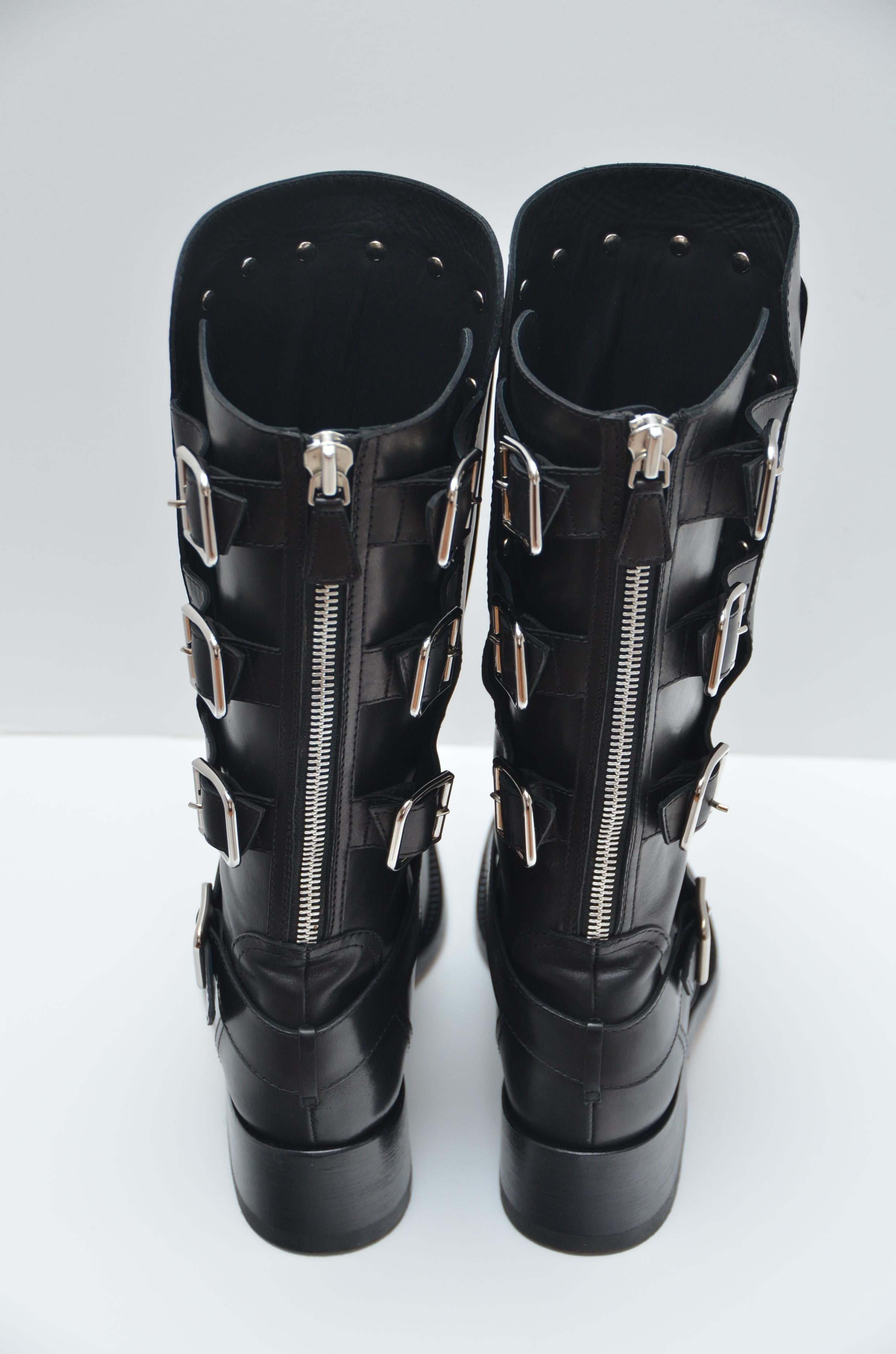 CHANEL Calfskin Biker Boots with Engraved Silver Plate Size 38 
