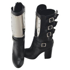 CHANEL Calfskin Biker Boots with Engraved Silver Plate Size 39 NEW