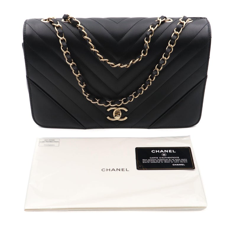 Chanel Calfskin Black Chevron Gold Tone Metal Medium Flap Bag