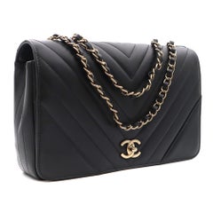 Chanel Calfskin Black Chevron Gold Tone Metal Medium Flap Bag A91588