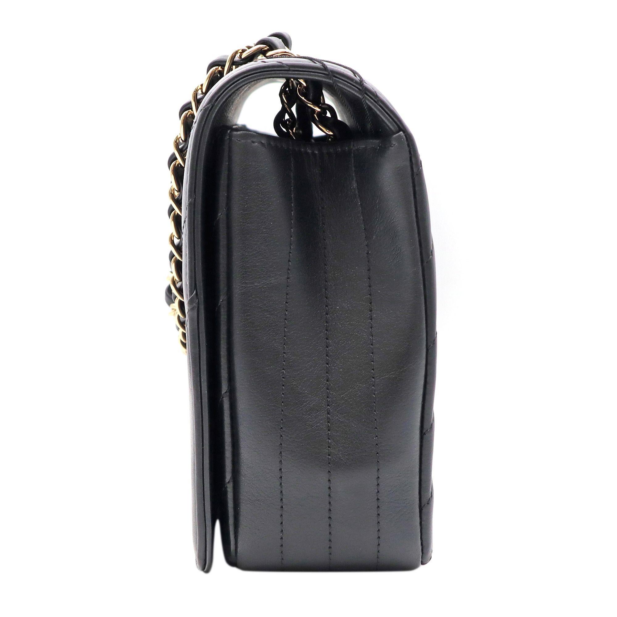 Women's Chanel Calfskin Black Chevron Gold Tone Metal Medium Flap Bag A91588