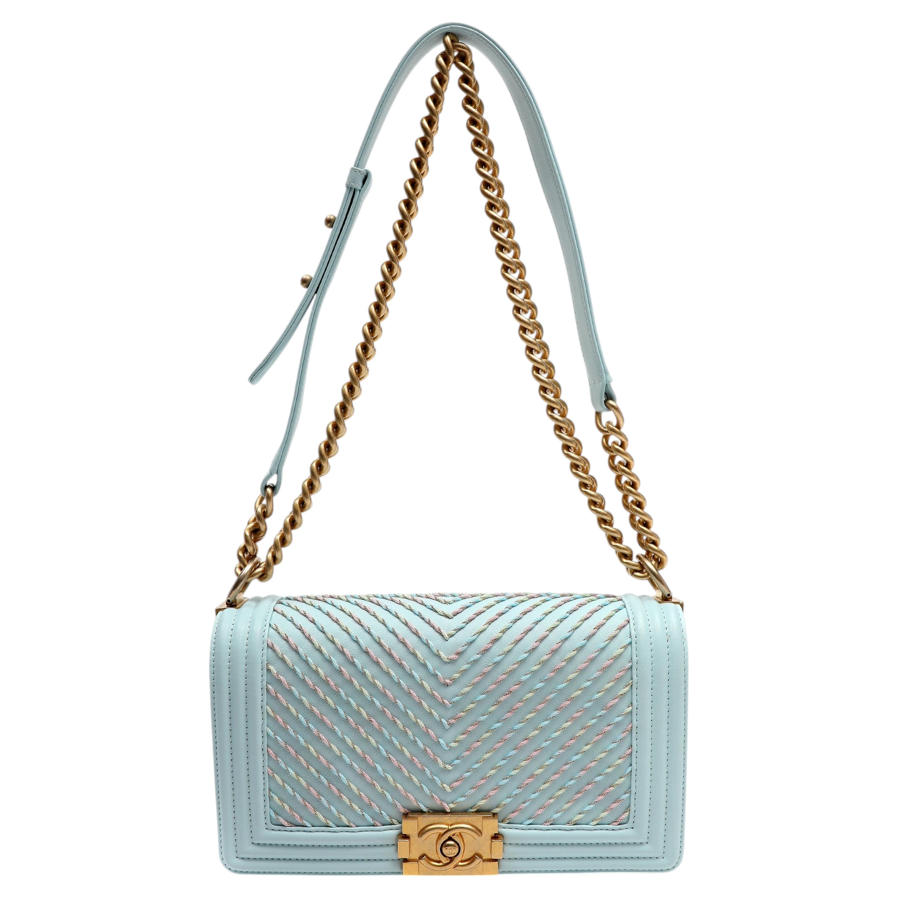 Chanel Calfskin By the Sea Chevron Brodé Medium Boy Light Blue en vente