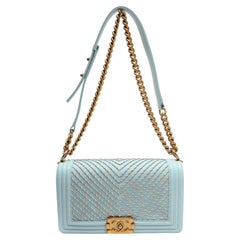 Chanel Calfskin By the Sea Chevron Embroidered Medium Boy Light Blue