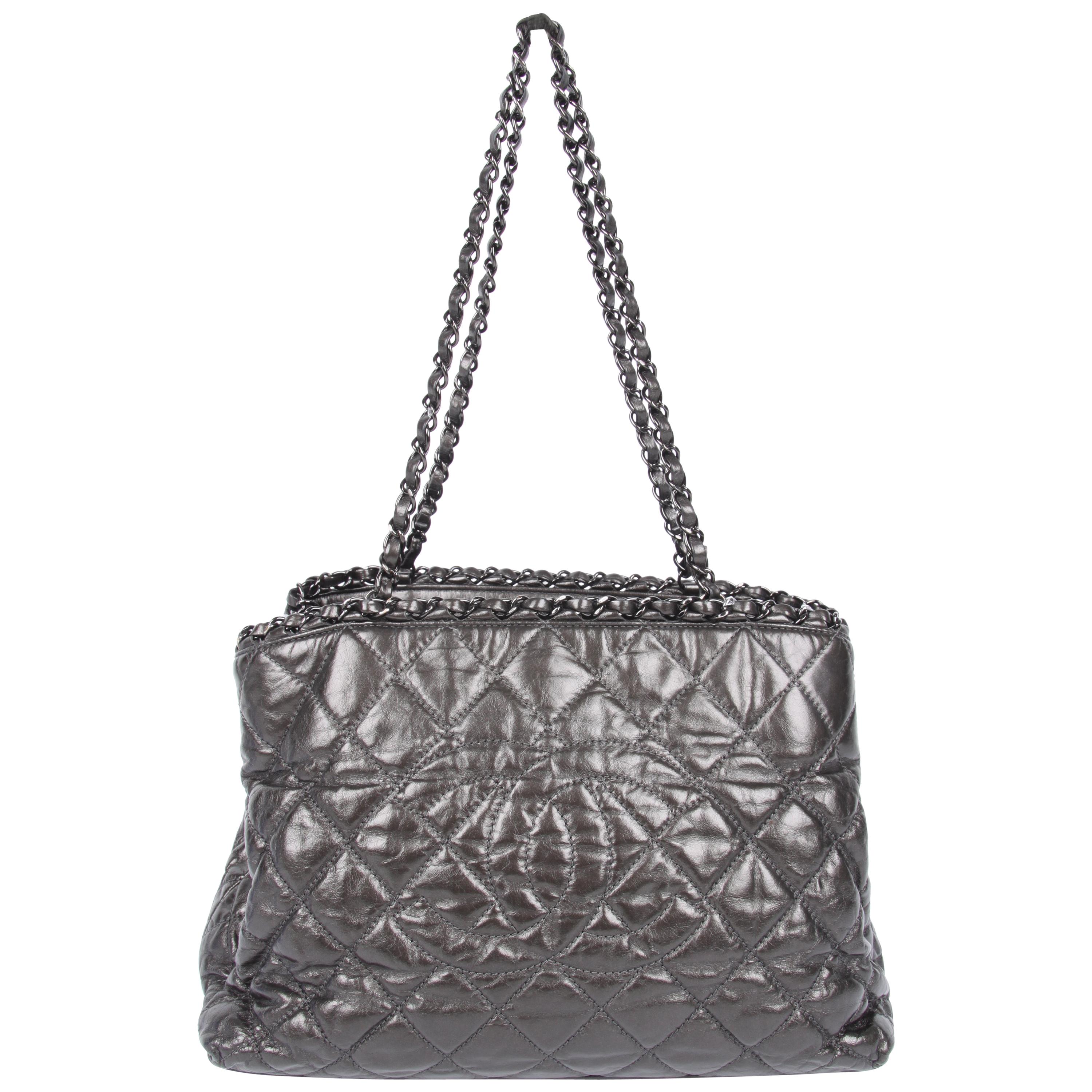 Chanel Calfskin Chain Me Tote Bag - grey metallic For Sale