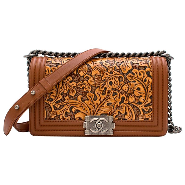 Chanel Calfskin Embossed Medium Cordoba Brown Boy Bag 25cm
