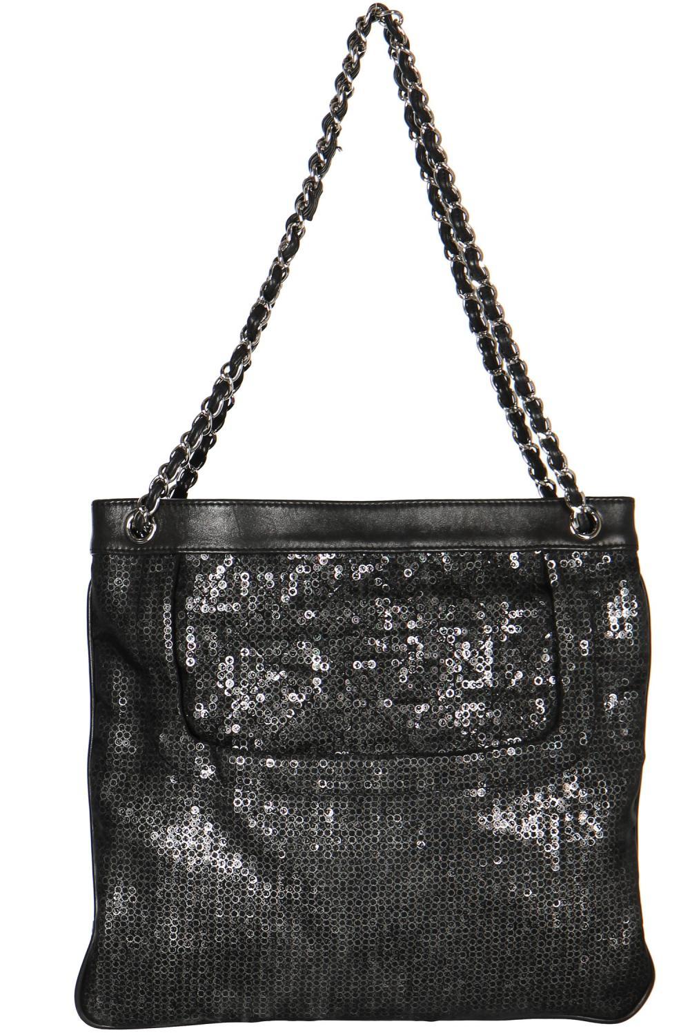 Women's Chanel Calfskin Mesh Hidden Sequin CC Black Tote Bag