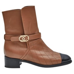 Chanel Calfskin Quilted Cap Toe CC Light Brown Boots 