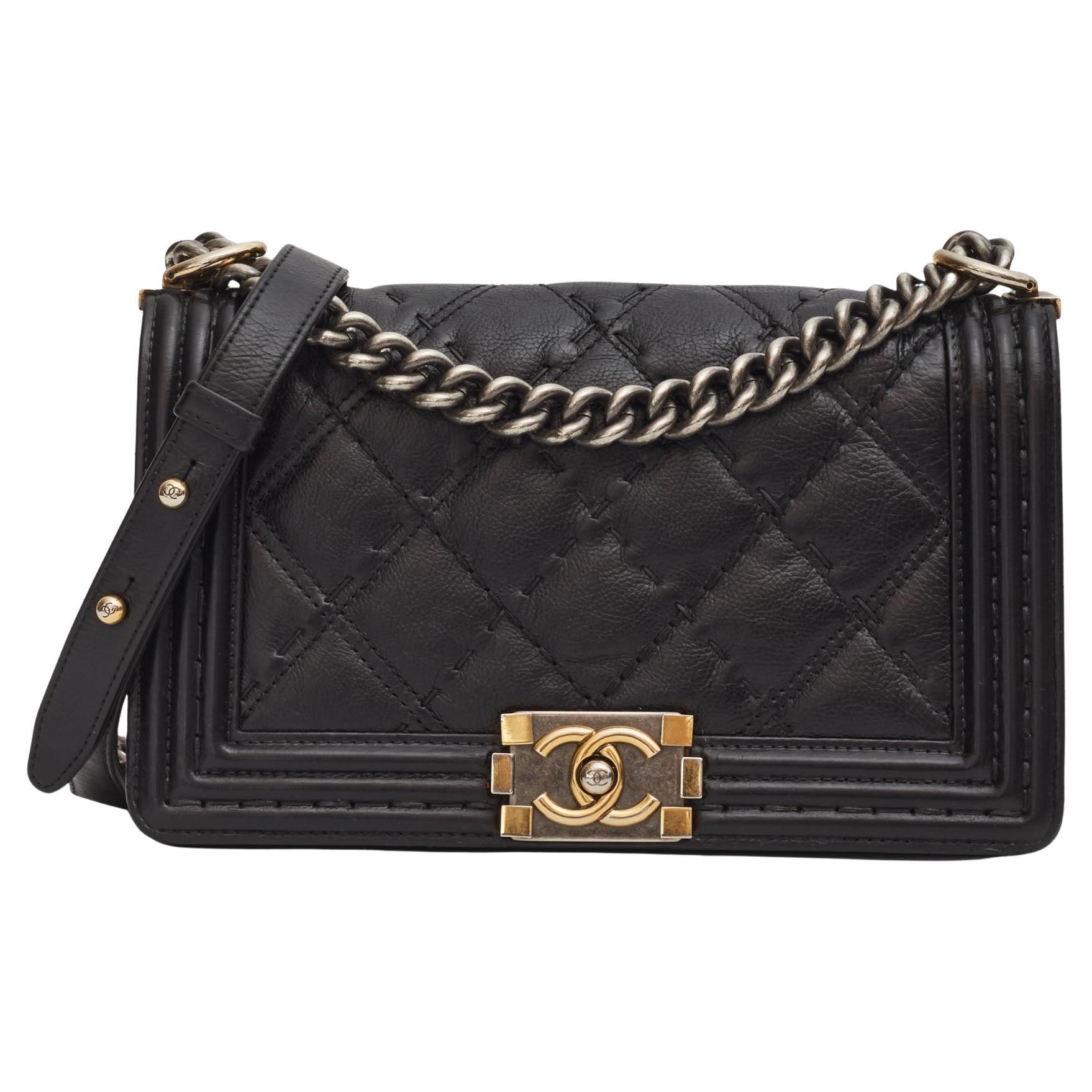 Chanel Calfskin Quilted Double Stitch Medium Boy Flap Bag Black (2014) For Sale