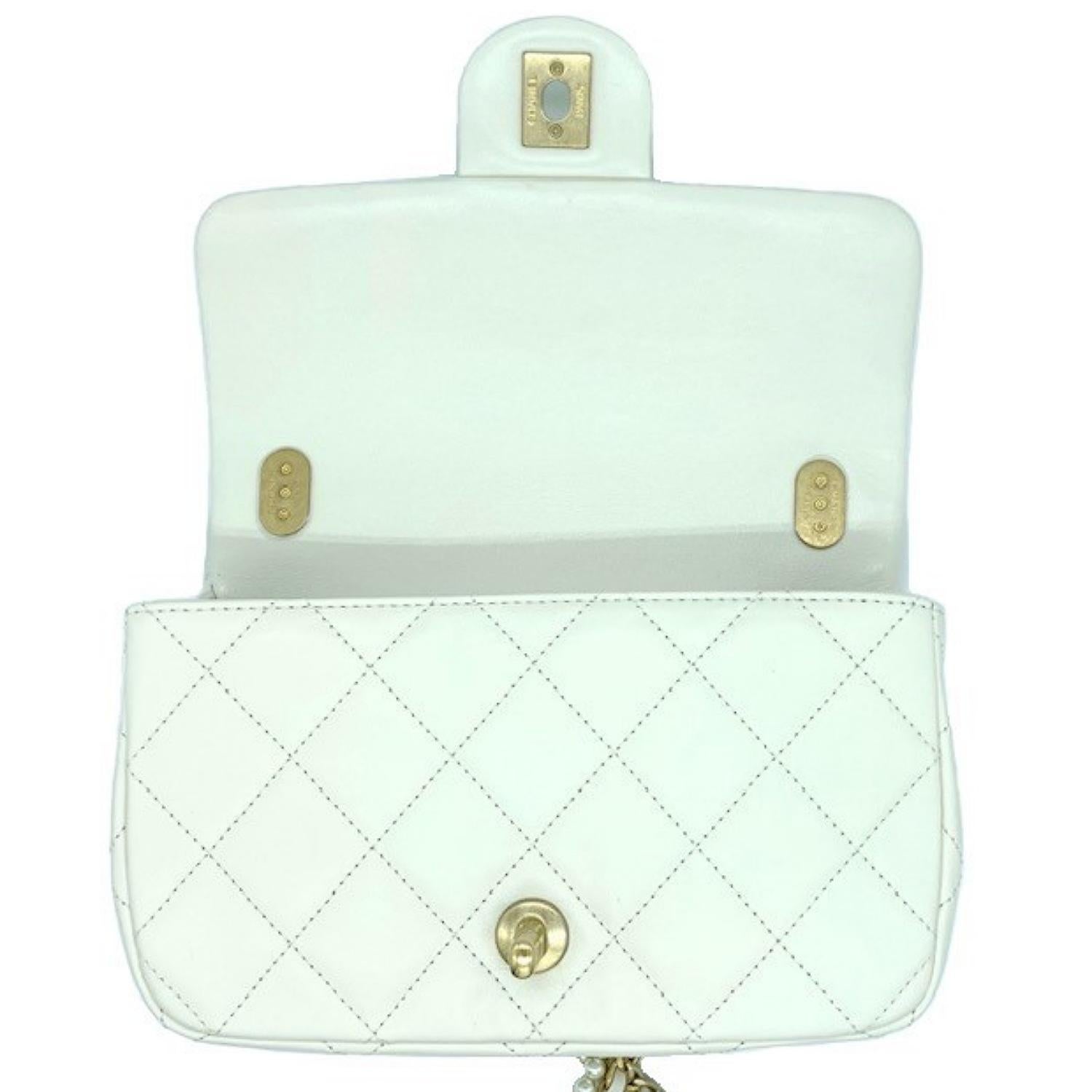 Chanel Calfskin Quilted Mini Rectangular Crystal Pearls Chain Flap In Excellent Condition In Scottsdale, AZ