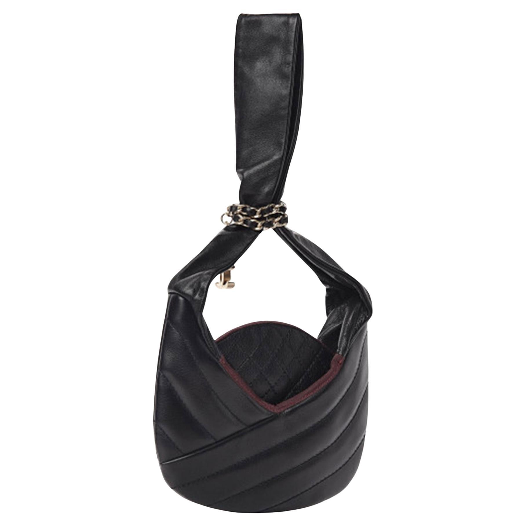 Chanel Calfskin Quilted Small Chain Evening Black Tote